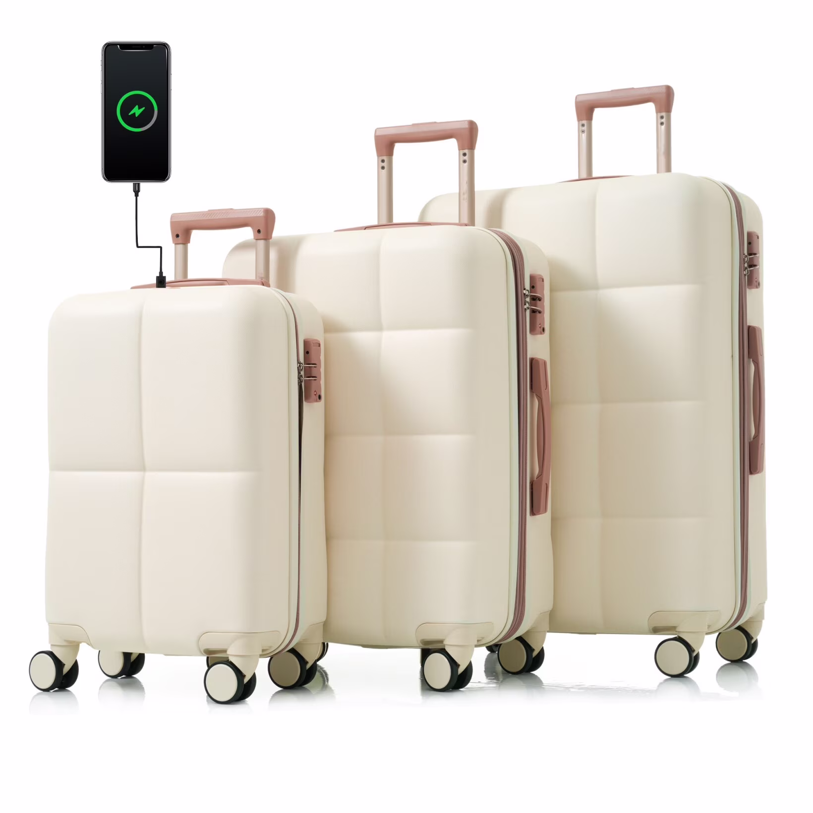 3 Piece Luggage Set , 20/24/28 inches Suitcase Set , ABS Hardshell Expandable Luggage Sets with TSA Lock,20-inch with USB Port, Carry On Luggage for Men Women, Pink
