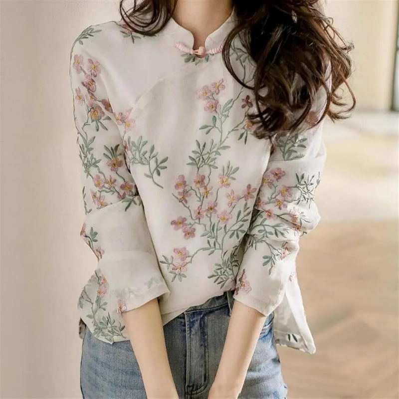 Soft Women's Blouse Shirt Chinese Style Long Sleeve Cheongsam Shirt All Match