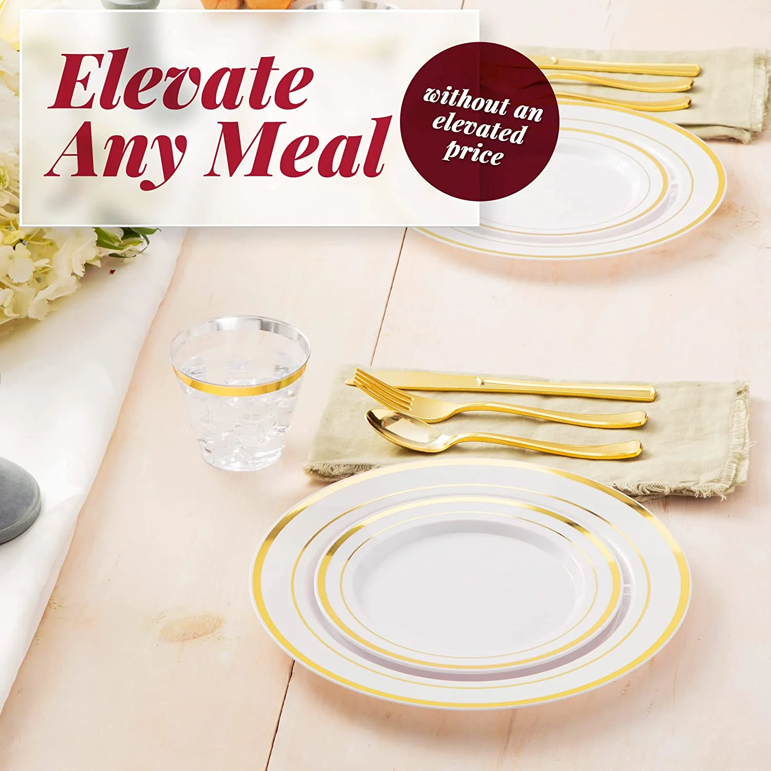 Prestee 600 Piece Gold Dinnerware Party Set (100 Guest), 100 Salad Gold Plates, 100 Gold Plastic Silverware Set, 100 Gold Cups Disposable Party Pack Wedding Birthday Parties