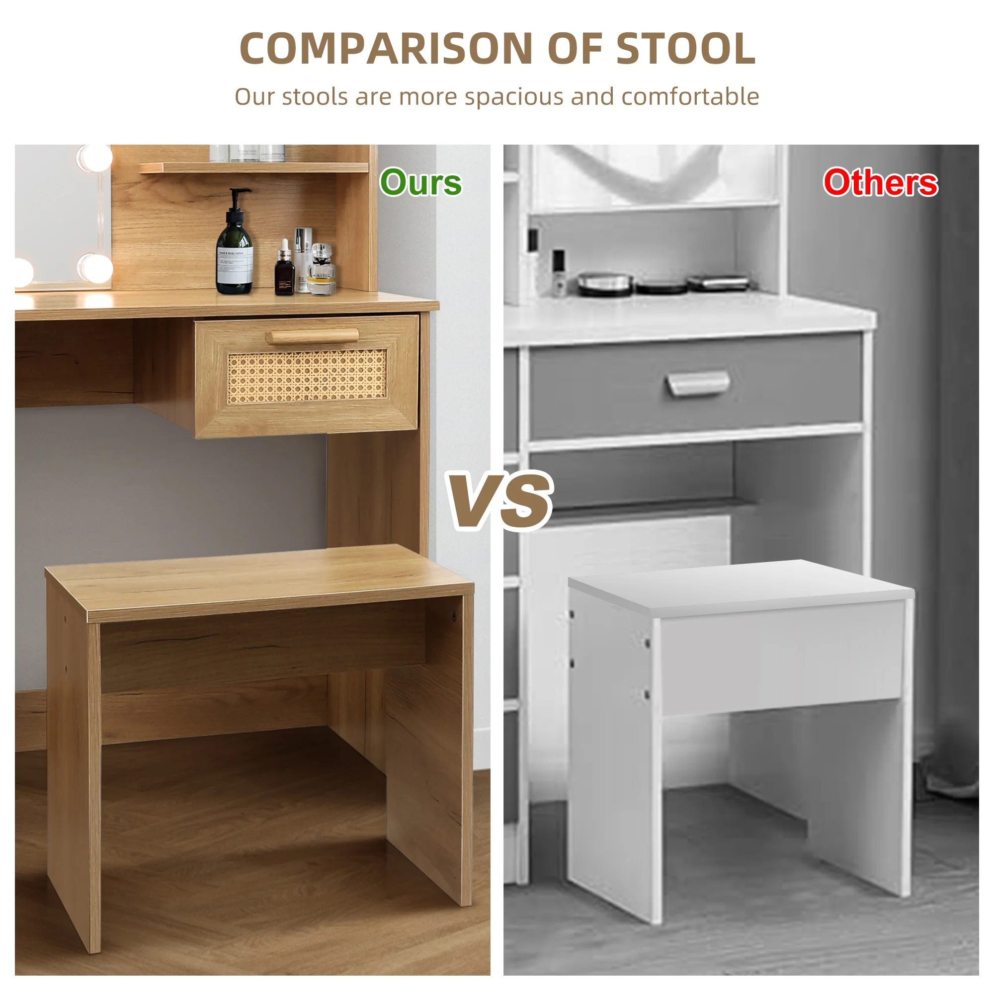 PORKISS Makeup Vanity Desk with Mirror & Lights, Vanity Table Set with Power Outlet & Hair Dryer Rack, Modern Dressing Table for Bedroom with 2 Drawers, Storage Cabinet and Storage Stool, White