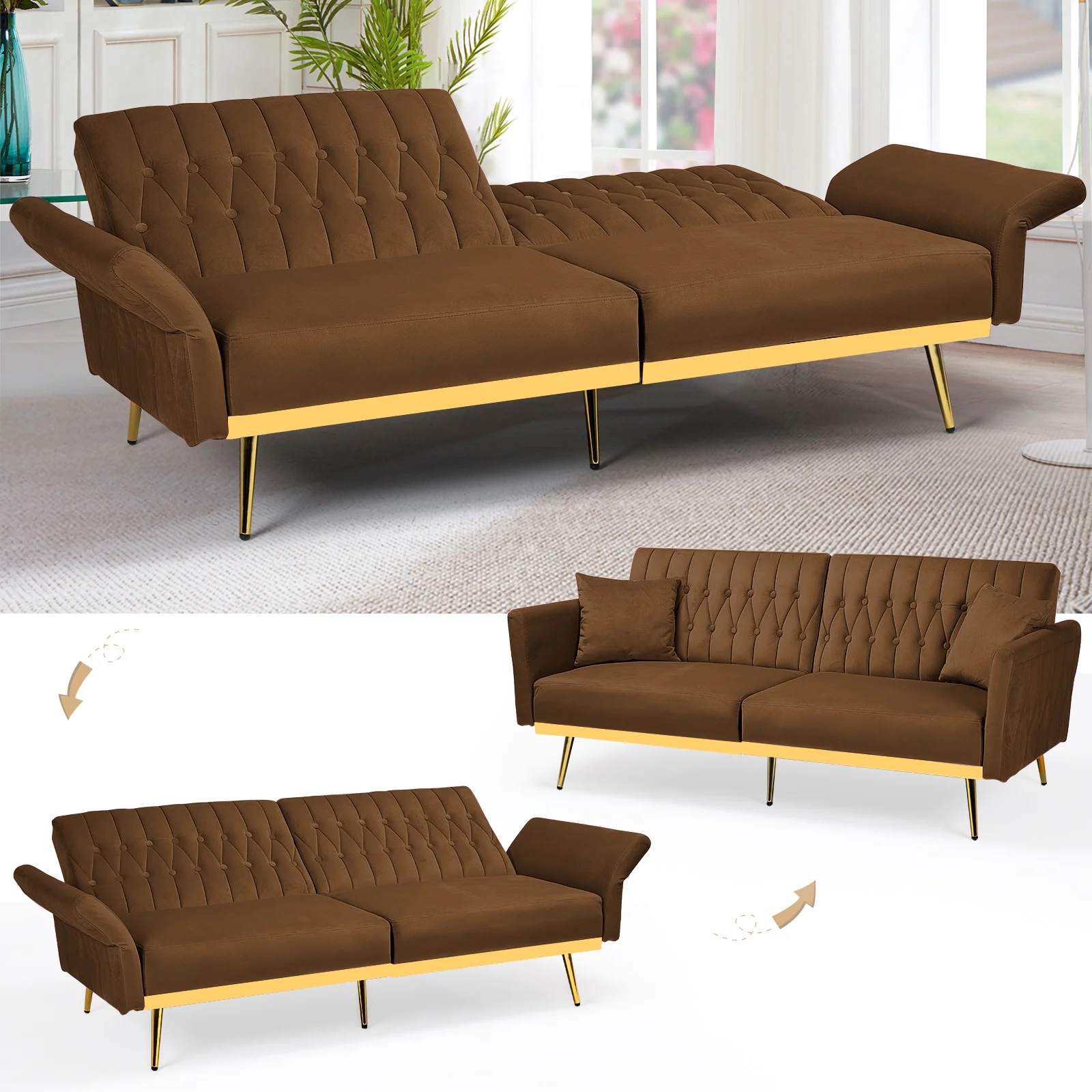 ACMEASE 70�� Velvet Futon Sofa Bed with Adjustable Armrests and 2 Pillows, Convertible Futon Couch, Brown