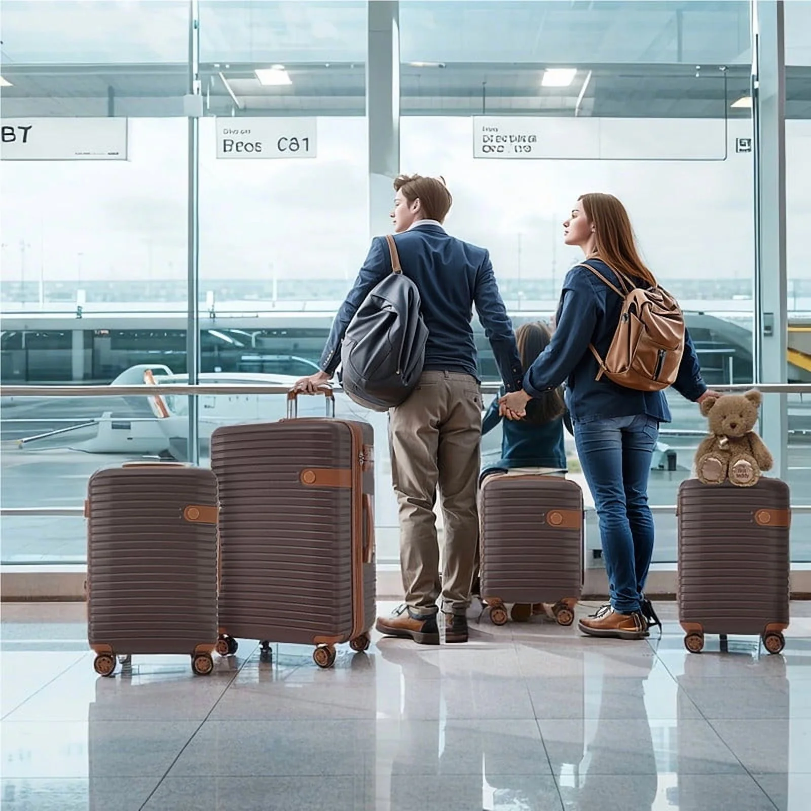 EBQOSK 4PCS Carry On Expandable Luggage Set with 4 Packing Cubes, 16/24/26/28 Inch Three-layer ABS Composite Suitcases with TSA Lock & 360°Spinner Wheels for Family Travel, Expand 25% Space Brown