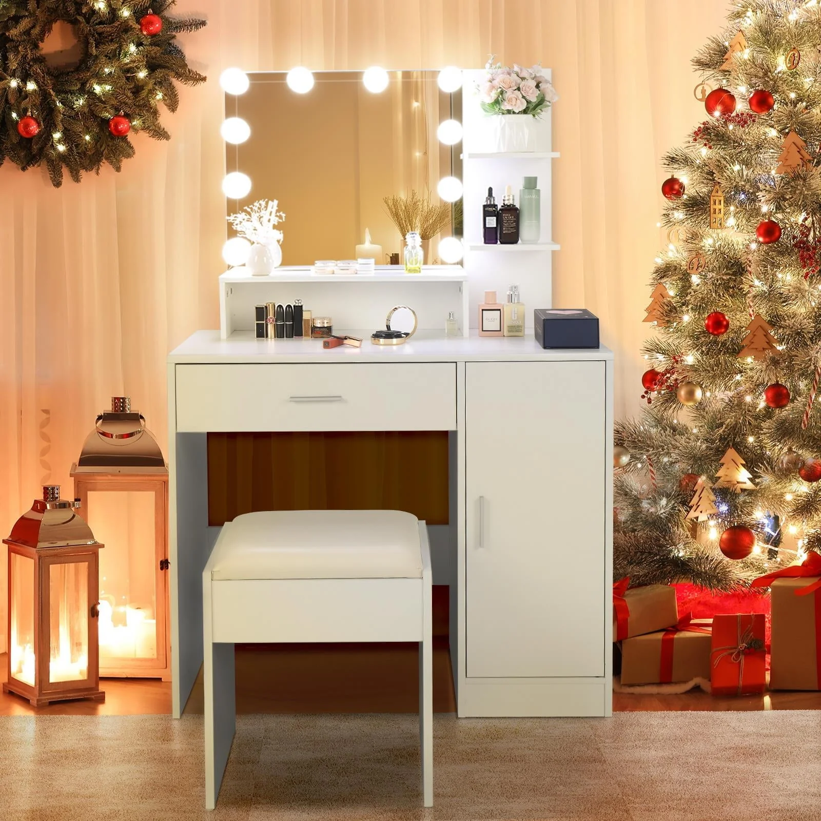 Ktaxon Vanity Set with 3 Color Lighted Mirror, Makeup Table with 3 Storage Shelves & Drawers, Dressing Table Makeup Desk with Stool,White