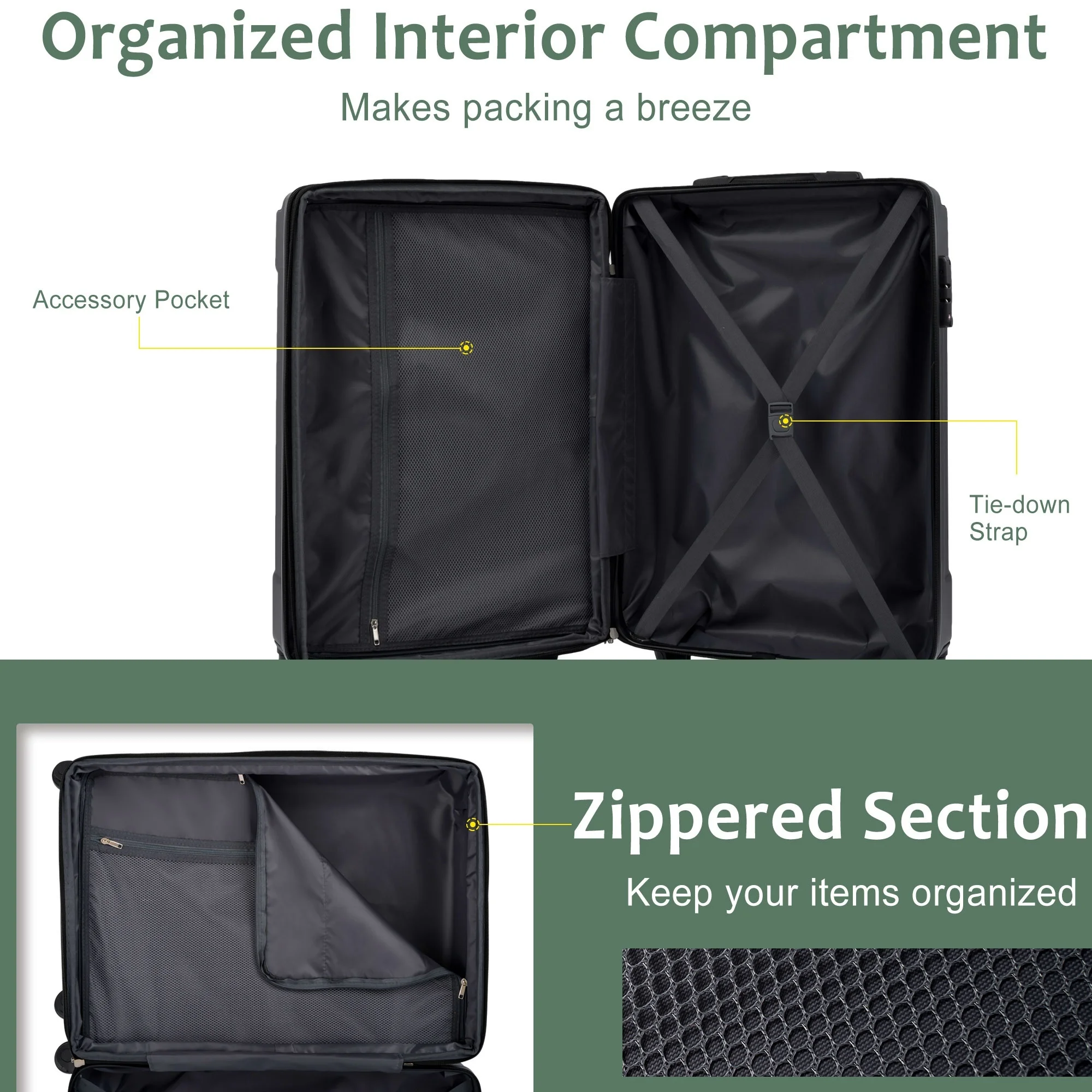 EUROCO 3 Piece Luggage Set, Expandable Hardshell Suitcase with TSA Lock and Double Spinner Wheels,ABS Lightweight Durable Travel luggage Set(20