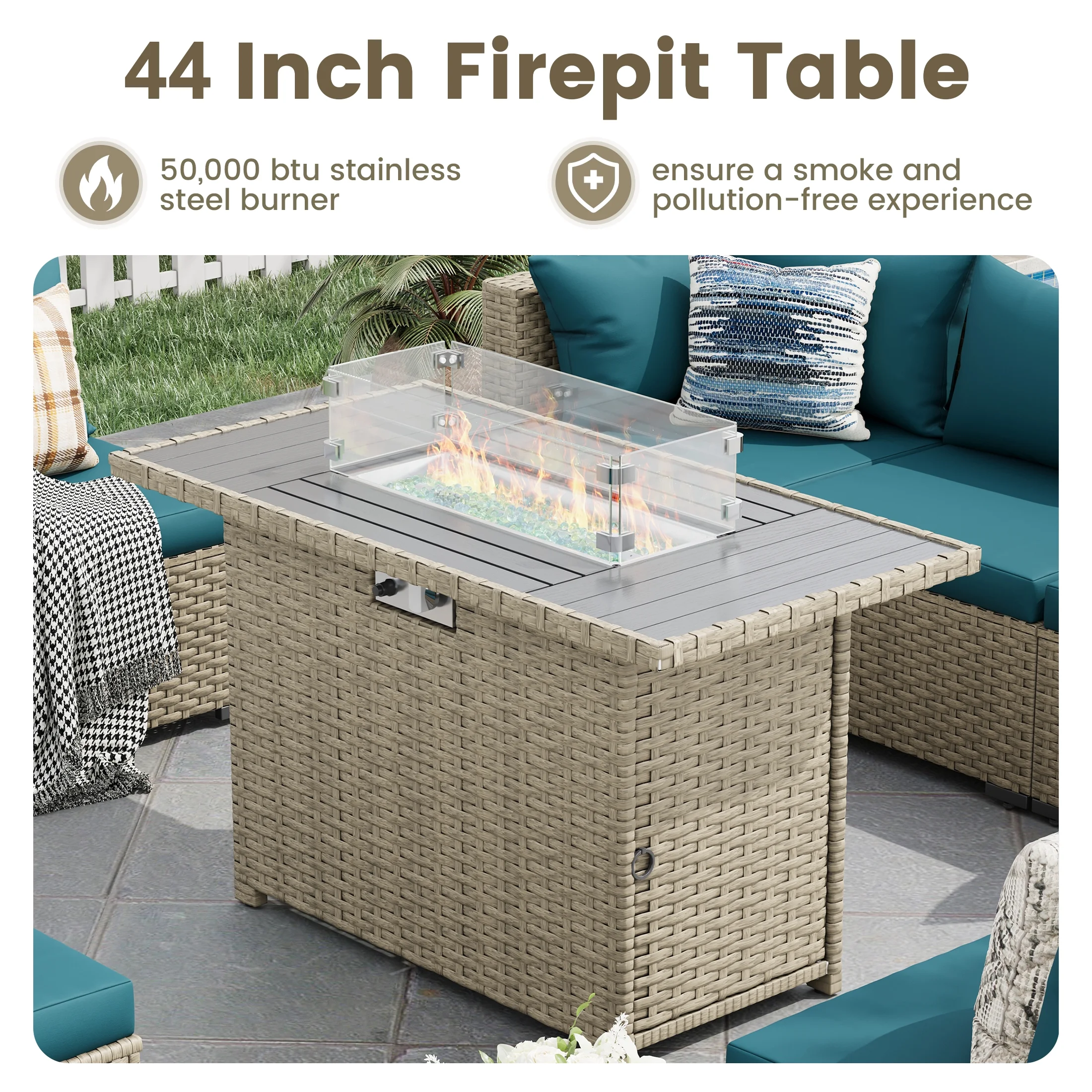 POTEBAN 7 Pieces Outdoor Patio Furniture Set, Grey Rattan Wicker Outdoor Conversation Sectional Sofa Set with Cushions for Backyard, Green