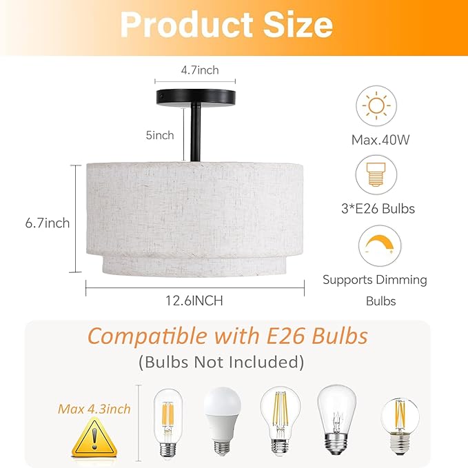 MELLOWWLITE 3-Light Modern Close to Ceiling Light with 2-Layer Linen Fabric Shade