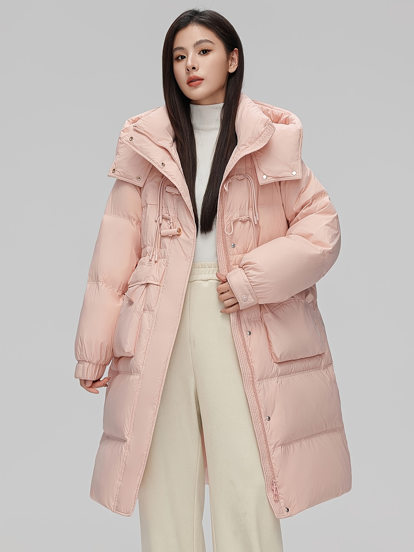 Women’s Mid-Length Down Coat with Detachable Hood, Casual Solid Color Long Sleeve Winter Jacket
