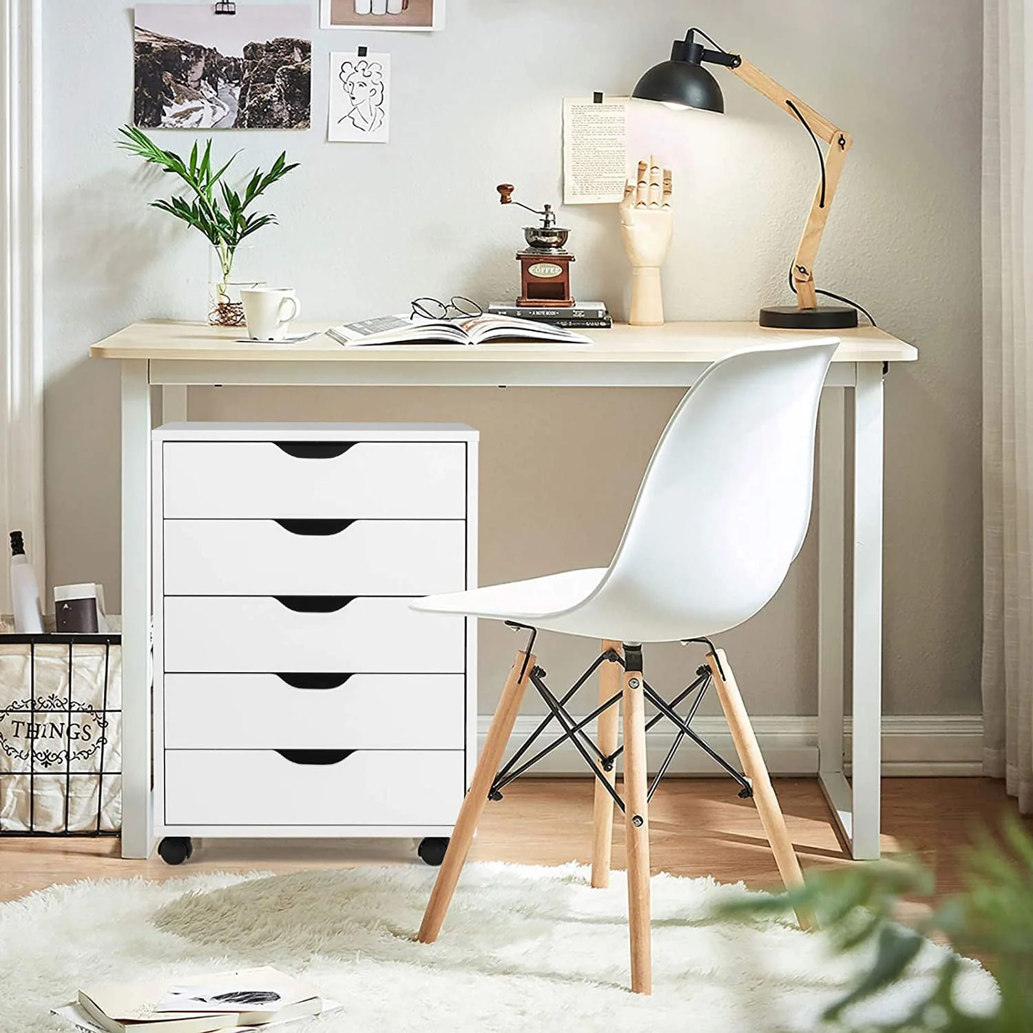 DWVO Wood File Cabinet Rolling Cart 5 Drawer Home Office Storage Organizer White