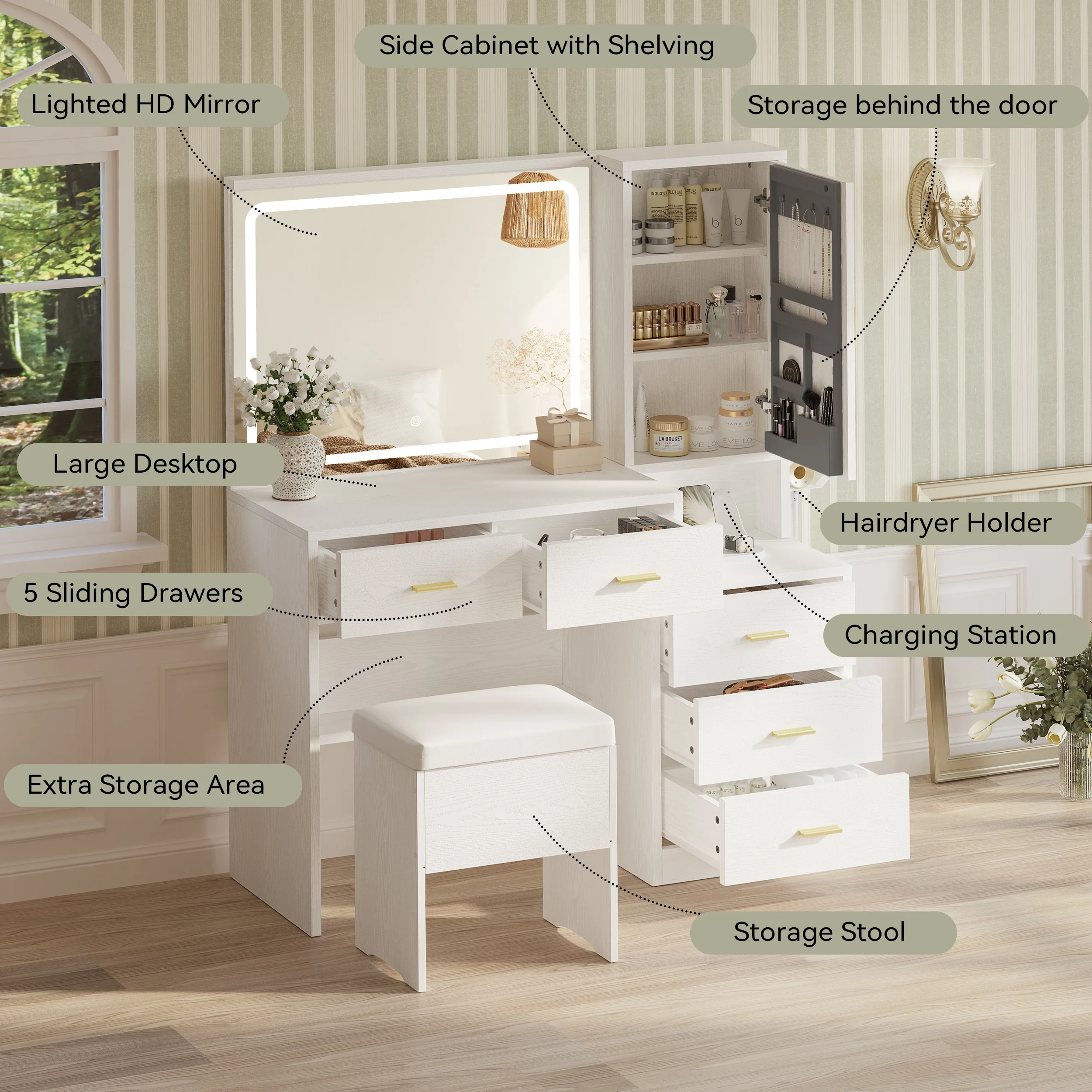 IRONCK Makeup Table Vanity Desk Set with Lighted Mirror, Charging Station, Storage Cabinet and 5 Drawers