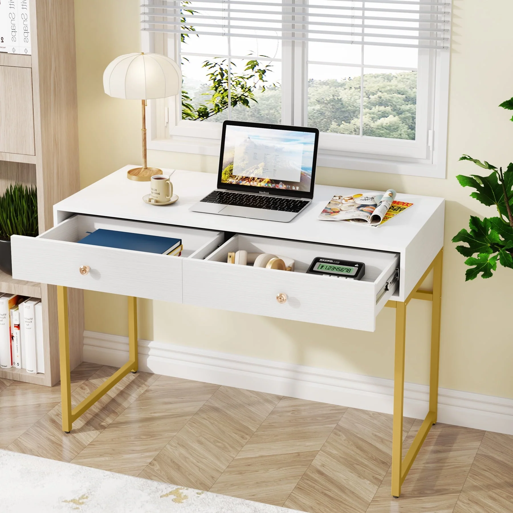 TribeSigns Computer Desk, Modern Simple 47 inch Home Office Desk Study Table Writing Desk with 2 Storage Drawers, Makeup Vanity Console Table, White and Gold