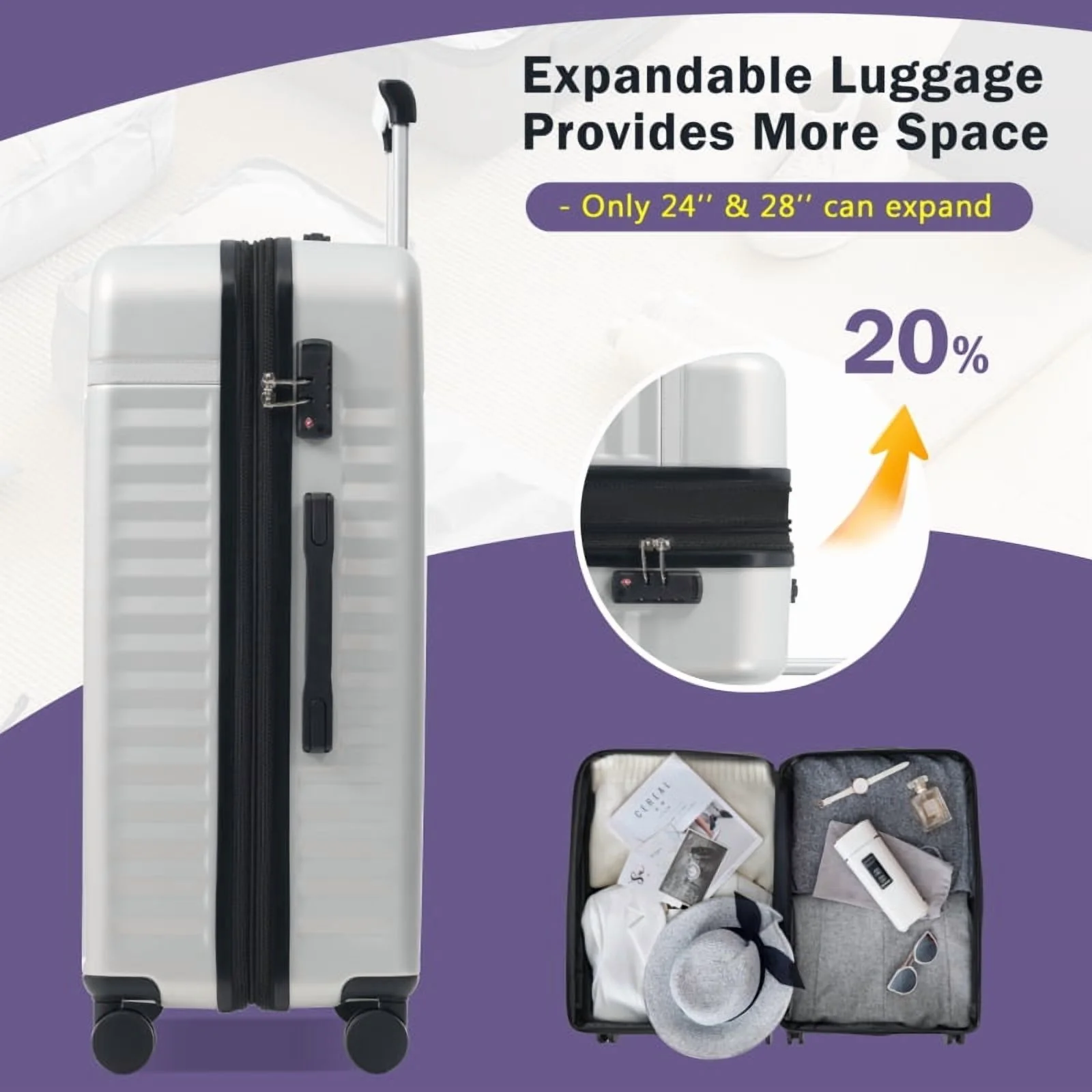 Front Opening Luggage Set 3 Piece, Hardside Carry on Suitcase with USB Port, Expandable Luggage with Handle Bag Spinner Wheels TSA Lock