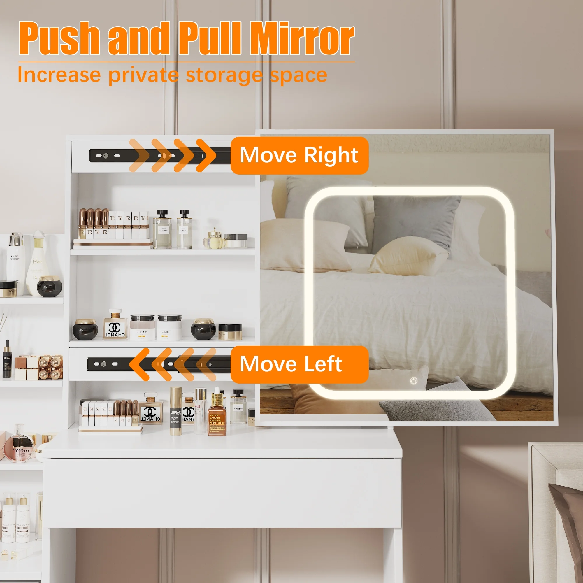 Vanity Desk with Sliding Mirror and Lights, Makeup Vanity Set with 4 Drawers, Stool, Power Outlet, Open Shelves, 3 Color Adjustable Lighting Modes, Makeup Dressing Table for Bedroom, White