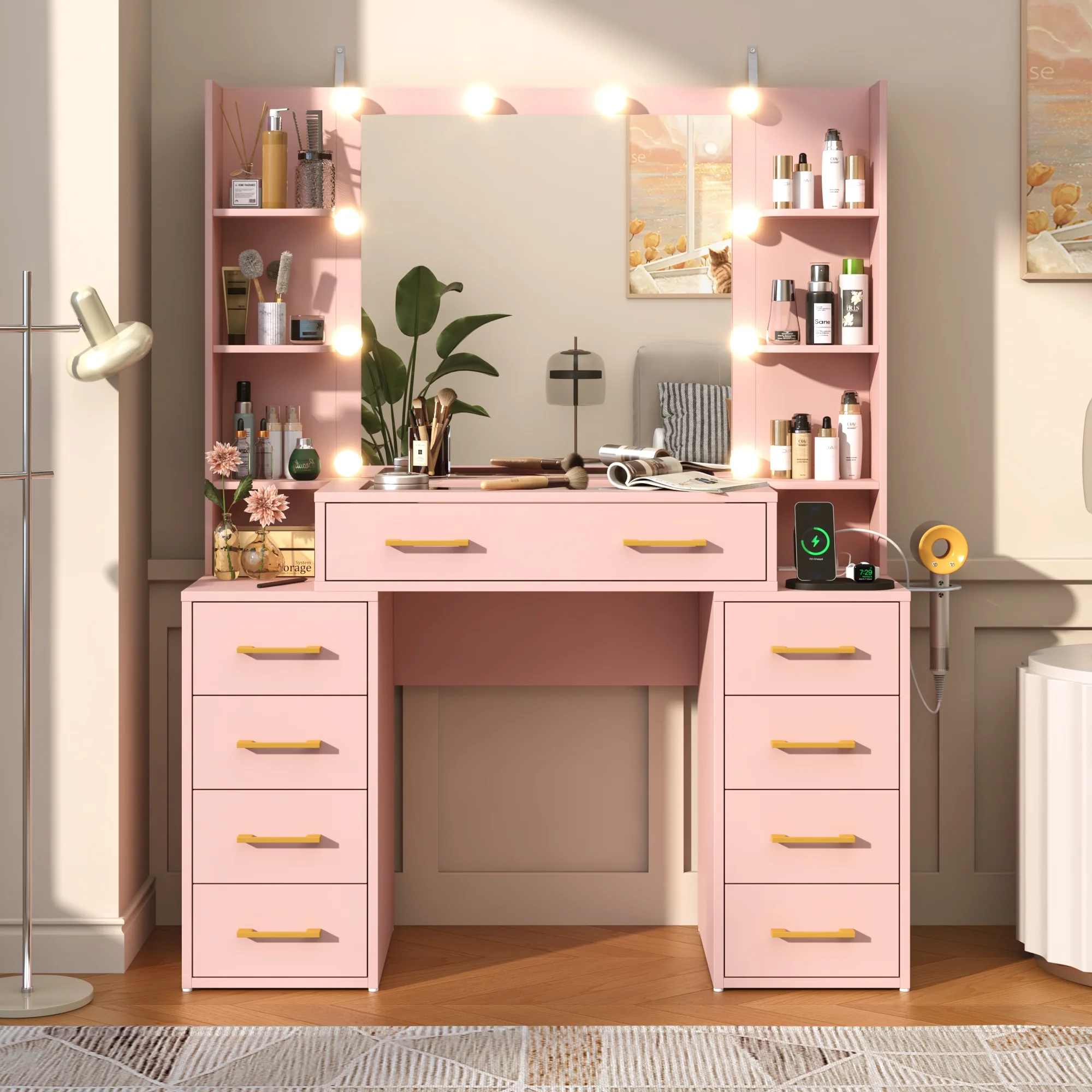 White Vanity Desk with Mirror & LED Lights, Glass Top Vanity Desk with Charging Station & Compartment Storage Drawers, 43
