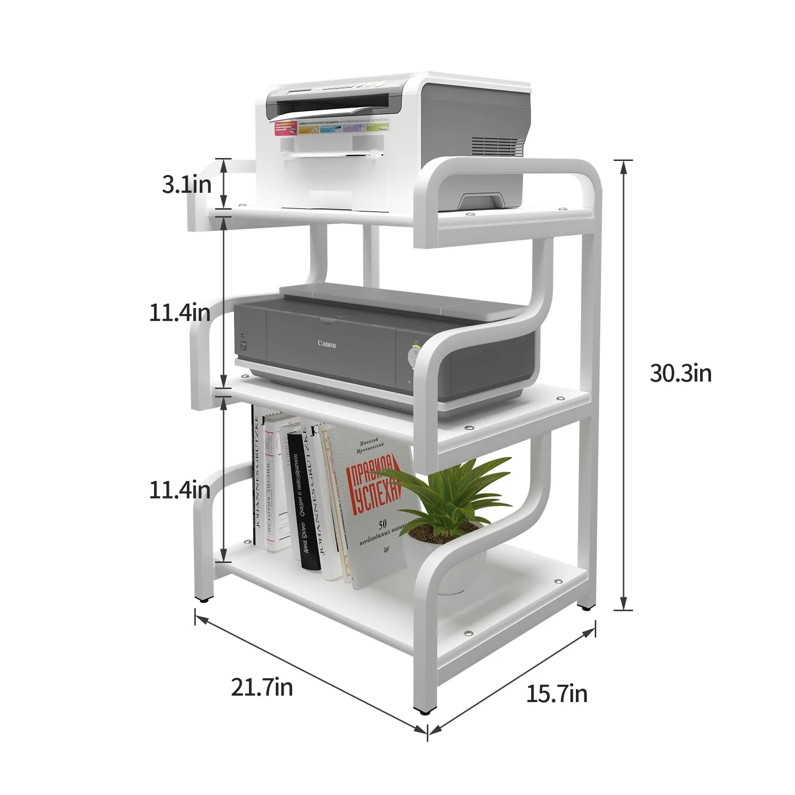 Natwind 3-Tier Printer Stand with Wheels Movable Storage Cart Floor-Standing Printer Cart Multi-Purpose Shelf Rack for Media Player (White)