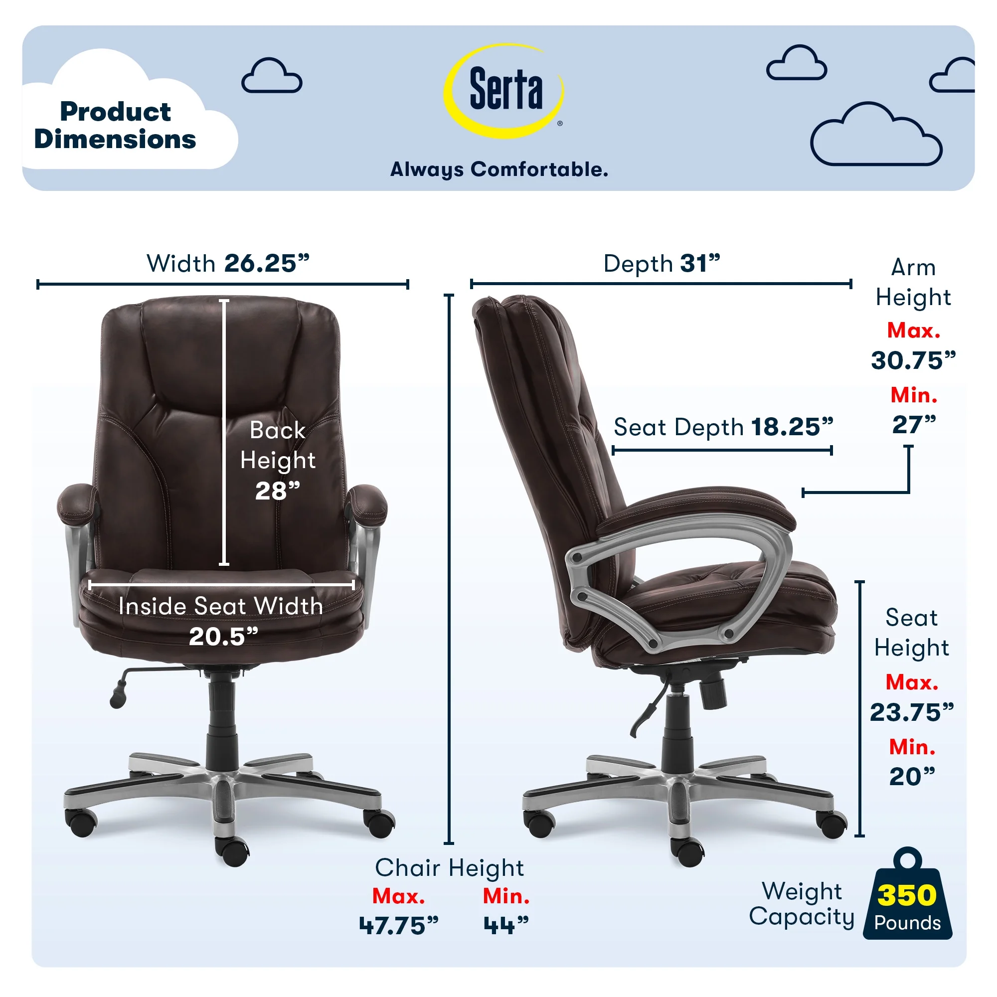 Serta Puresoft Faux Leather Executive Big & Tall Office Chair - Roasted Chestnut