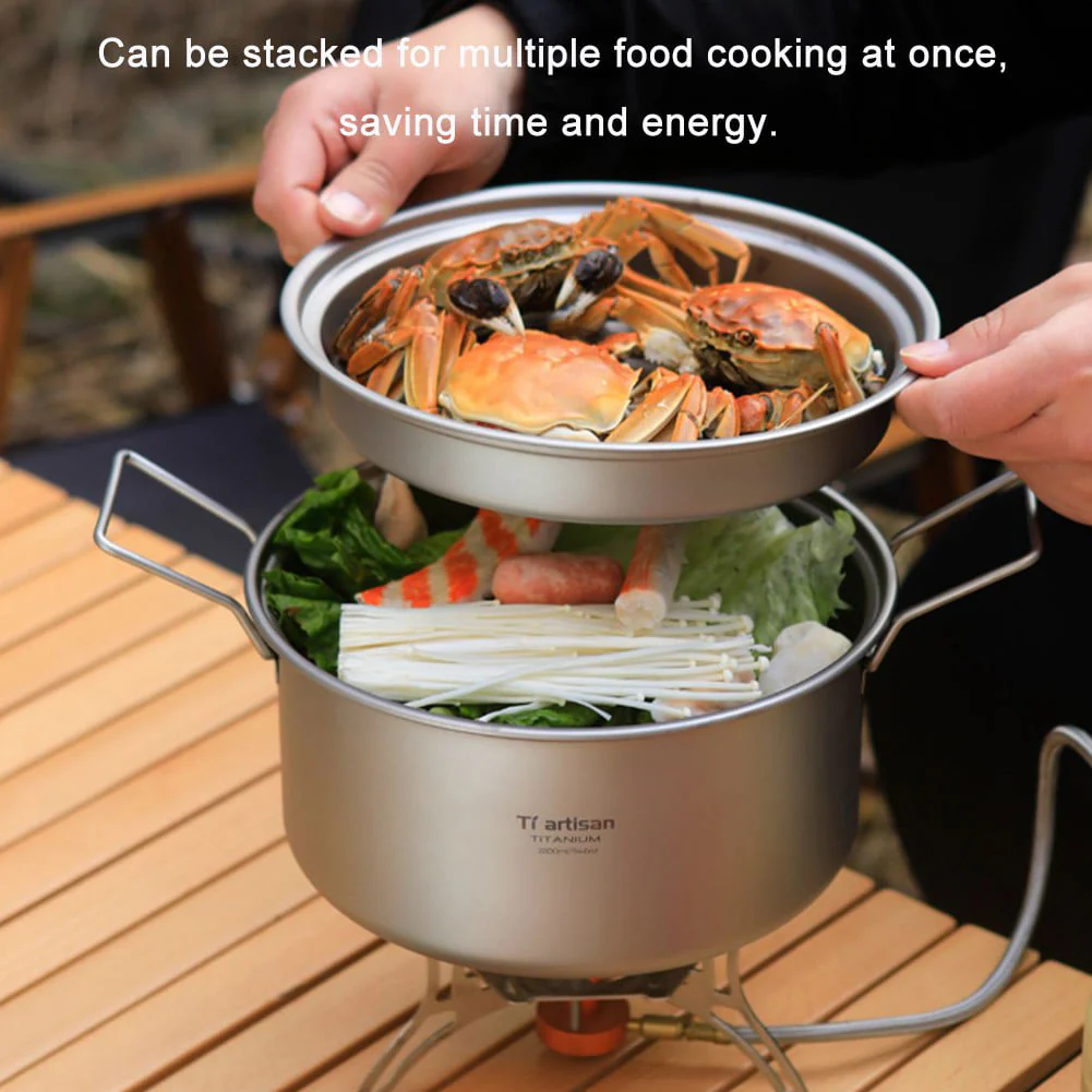 Outdoor Titanium Food Steamer Stock Pot Set Camping Soup Pot Pan Cooking Kit