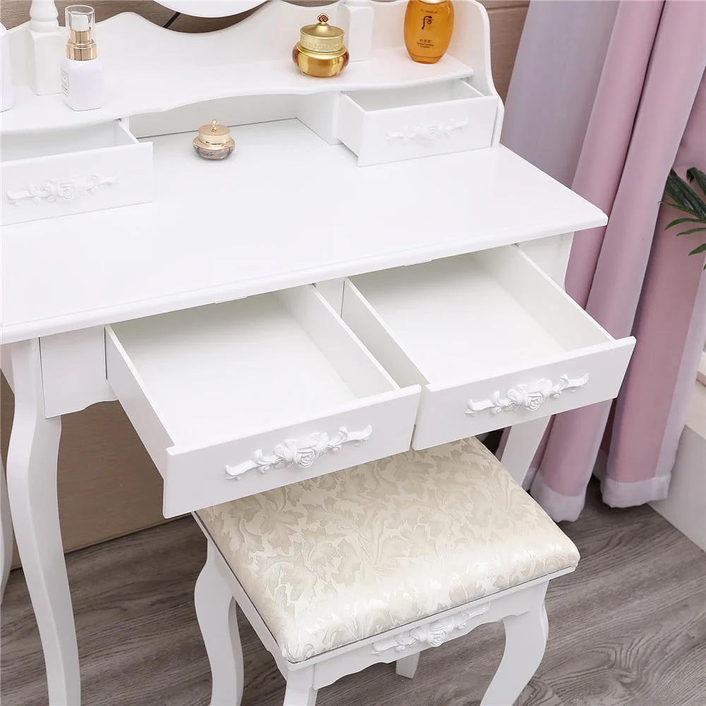 Ktaxon Elegance White Dressing Table Vanity Table and Stool Set Wood Makeup Desk with 4 Drawers & Lighted LED Touch Screen Mirror