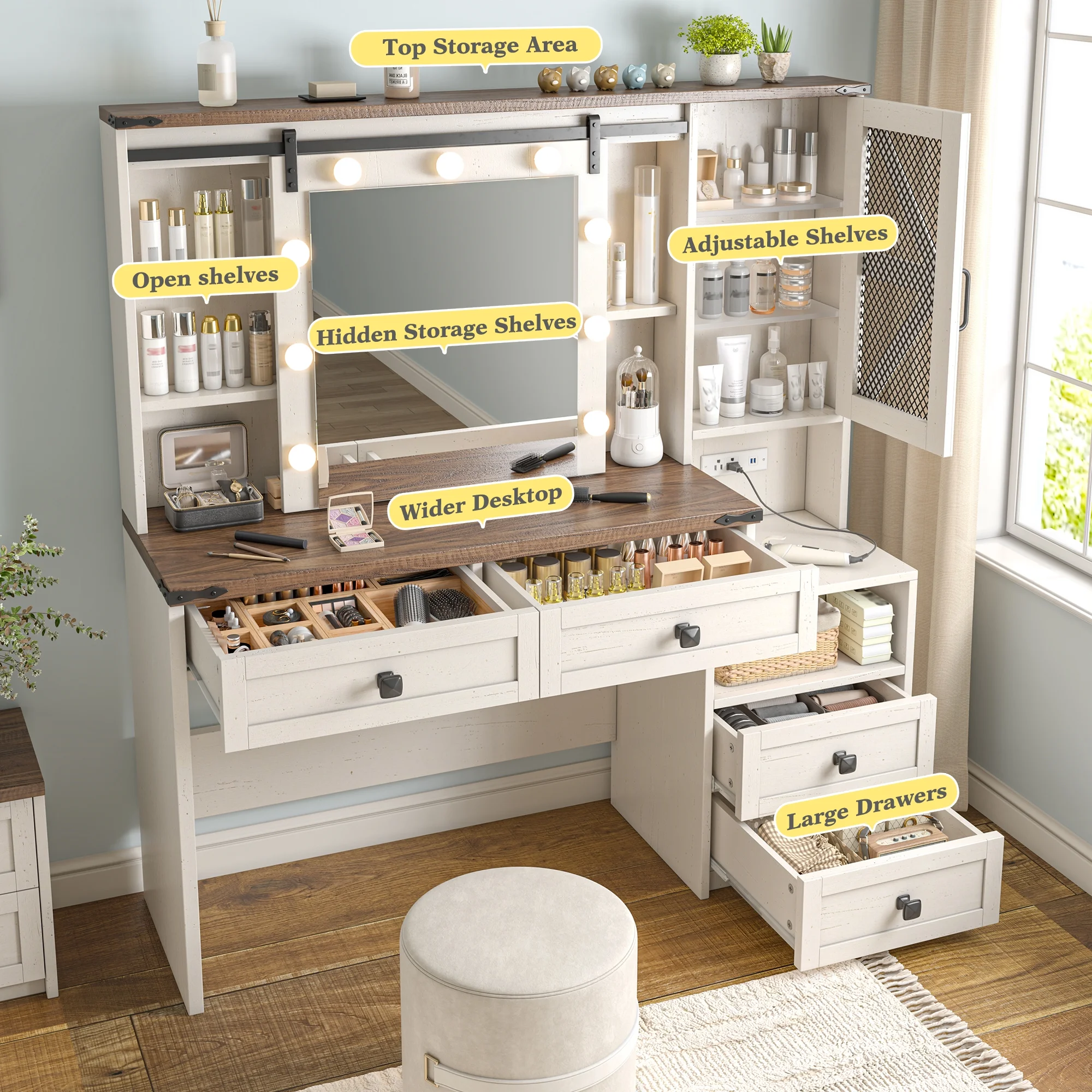 EnHomee Makeup Vanity Desk with Lighted Mirror Large Vanity with 4 Drawers Farmhouse Vanity Set with Mirror and Lights,White