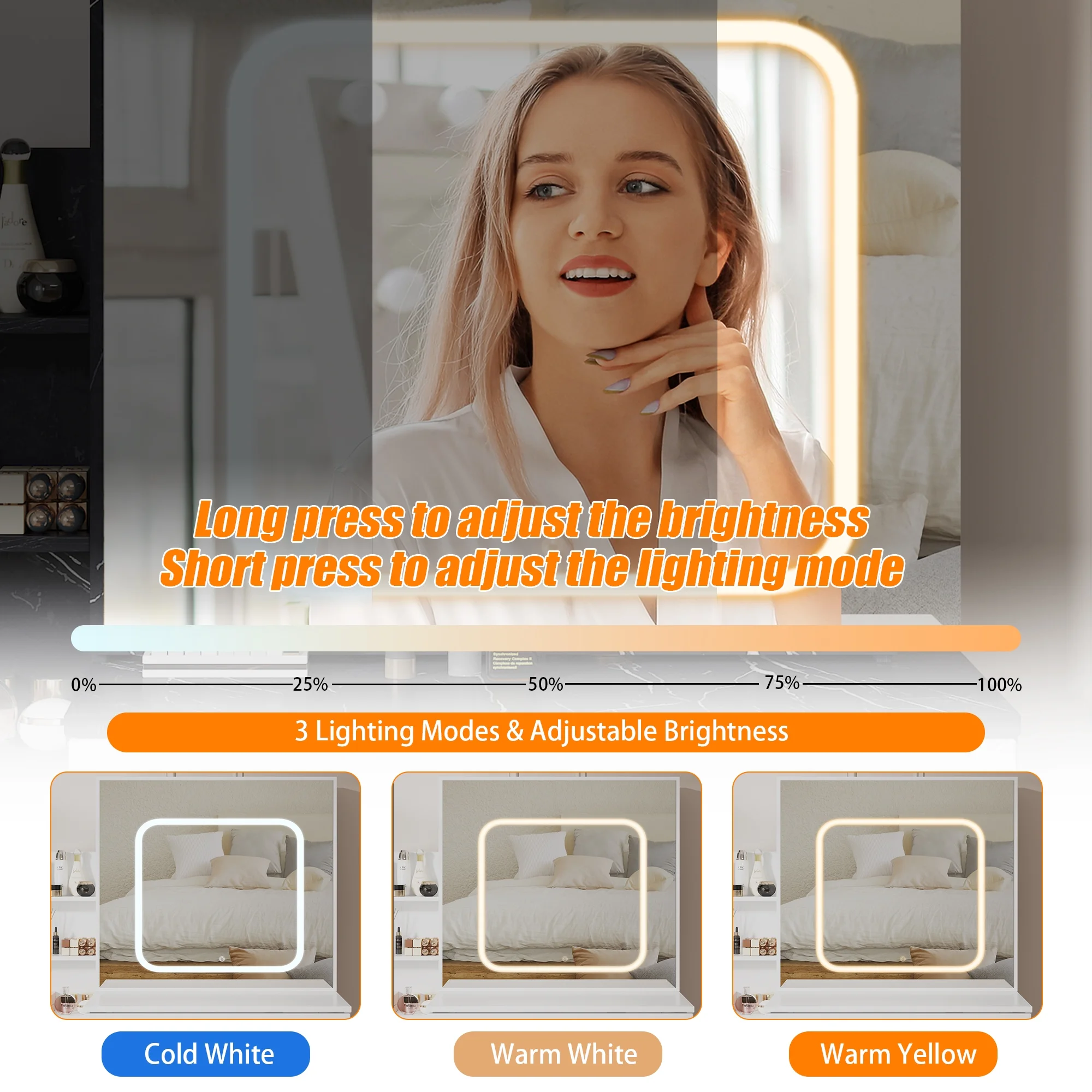 Vanity Desk with Sliding Mirror and Lights, Makeup Vanity Set with 4 Drawers, Stool, Power Outlet, Open Shelves, 3 Color Adjustable Lighting Modes, Makeup Dressing Table for Bedroom, White