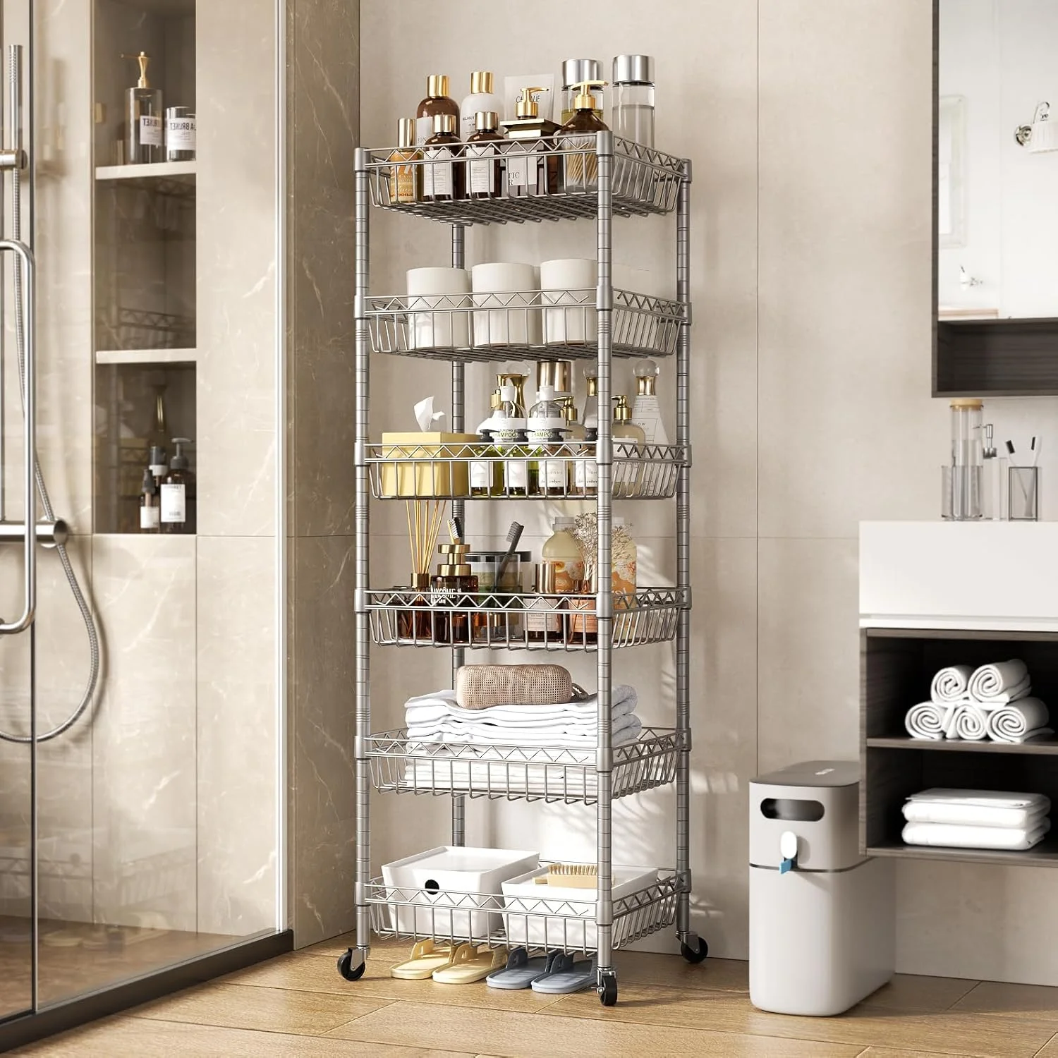 6 Tier Wire Shelving Unit with Wheels Baskets Storage Rack Corner Shelves Adjustable Shelf Closet Bathroom Organizers Metal Pantry Kitchen Garage Laundry Room 13.5