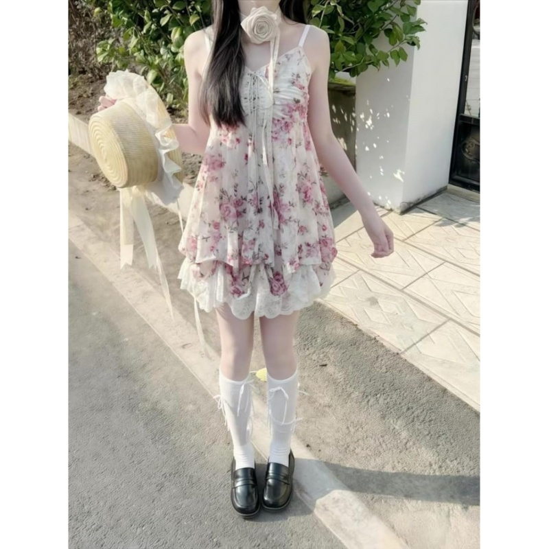 Spaghetti Strap Lace Mini Dress 2000s Women Cute Summer