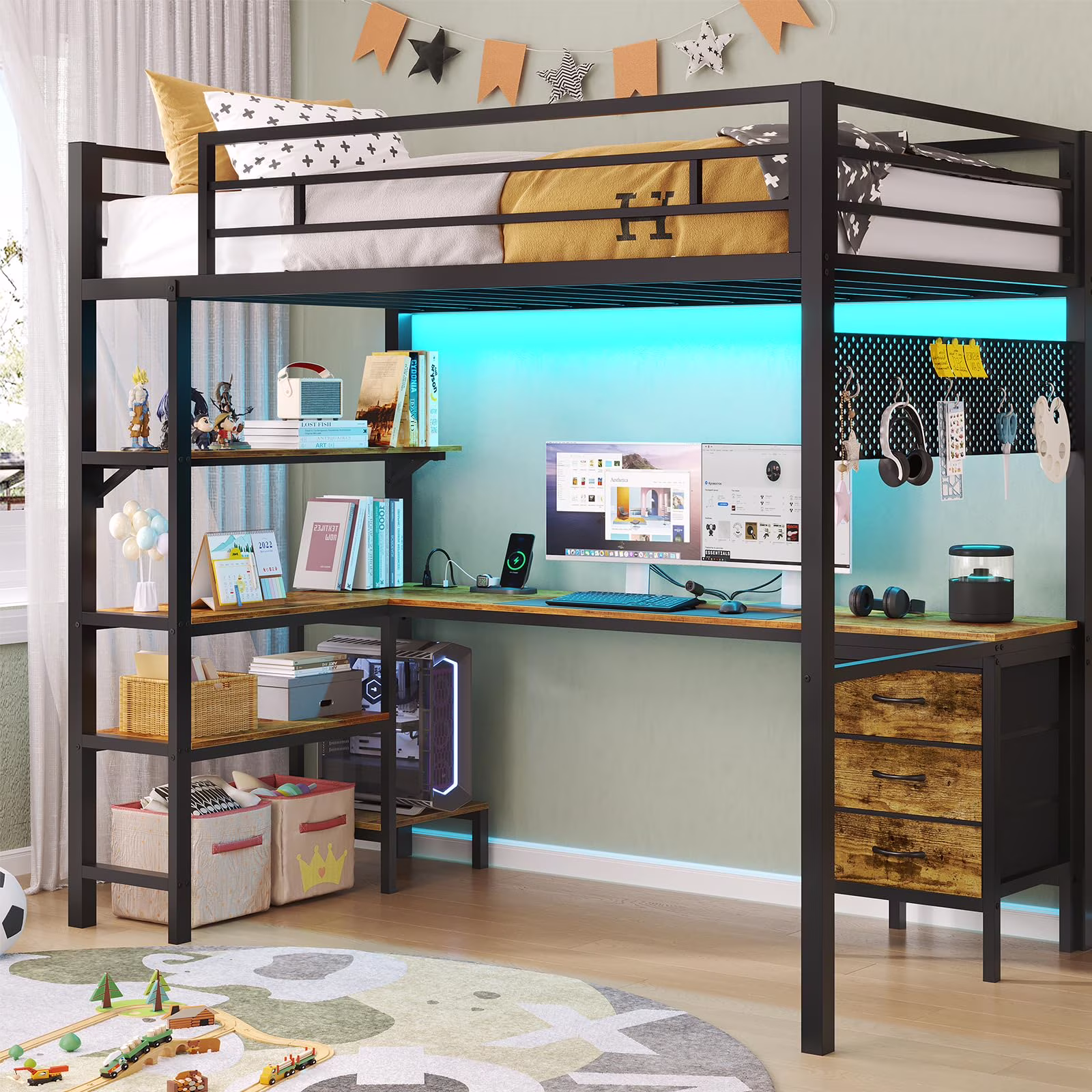 Afuhokles Loft Bed Twin Size with L-Shaped Desk and Charging Station, LED Light Twin Metal Loft Bed with Fabric Drawers and Shelves, Gray