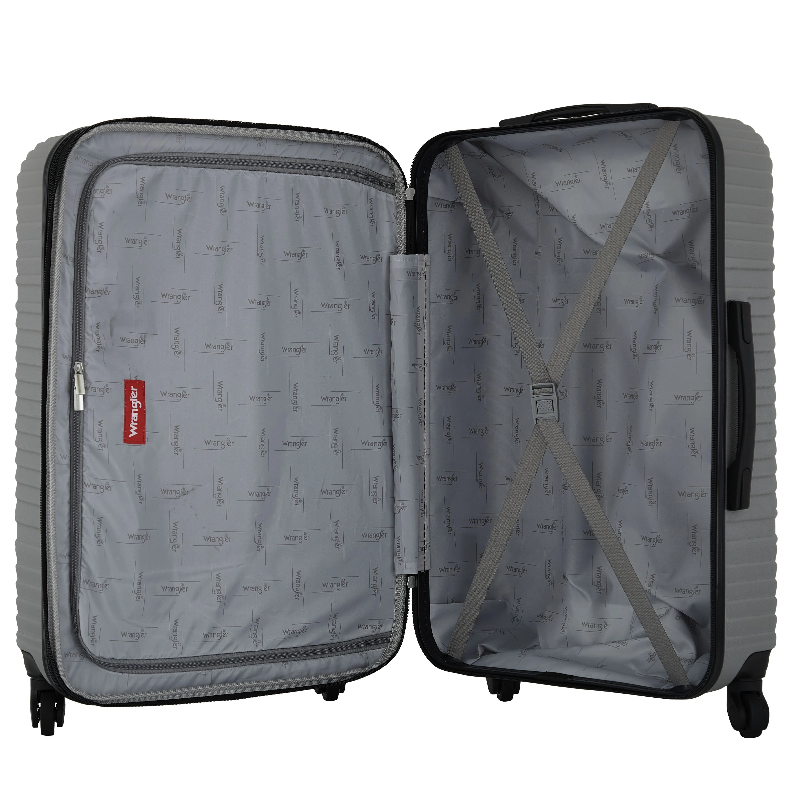 Wrangler 4 Piece Expandable Hardside Spinner Luggage Set with Packing Cubes, Sharkskin Grey