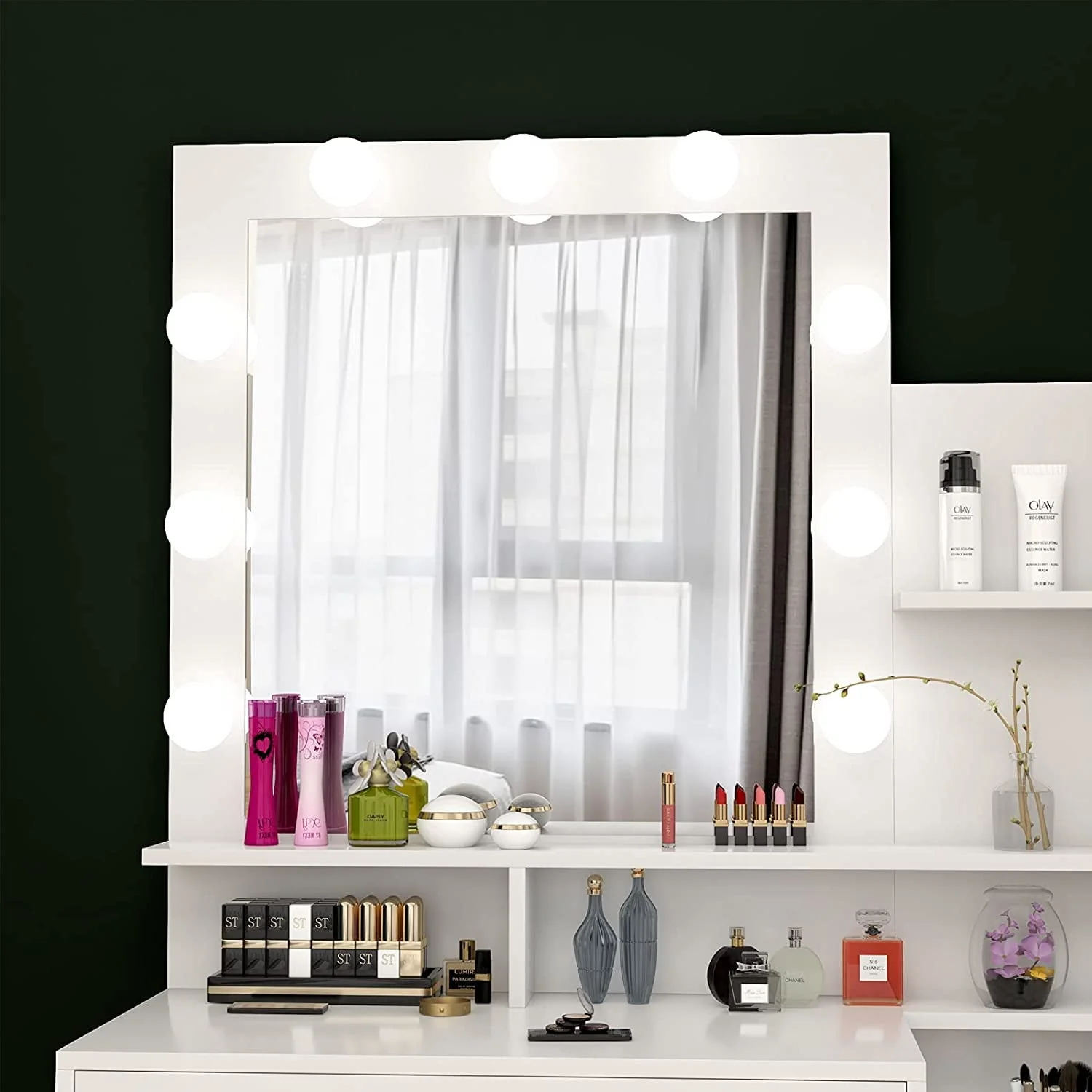Pakasept Vanity Set with Lighted Mirror, Makeup Vanity Dressing Table with LED Light, Drawers, Storage Shelves and Cushioned Stool, Small Vanity Desk for Bedroom