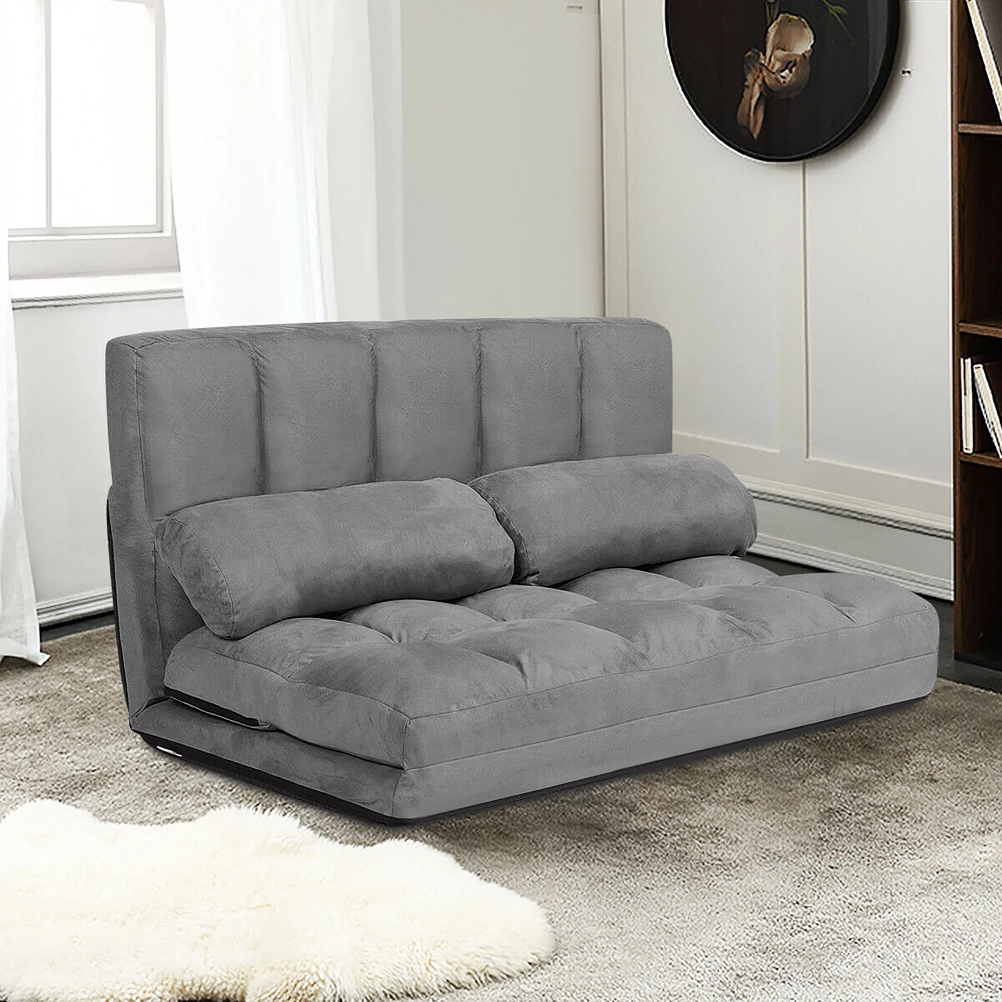 Costway Foldable Floor Sofa Bed 6-Position Adjustable Lounge Couch with 2 Pillows Grey