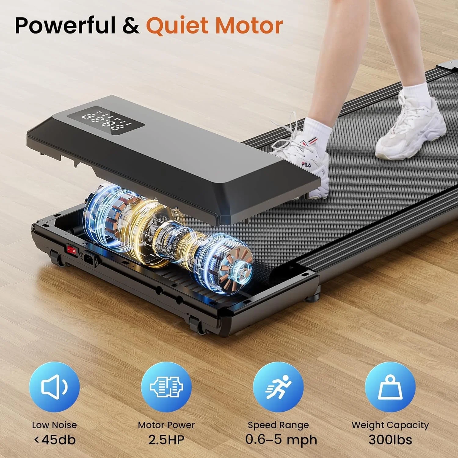 YDZJY 250lb Walking Pad, 0.6-2.5 mph Speed Range 1.2HP Quite Under Desk Treadmill, 2 in 1 Treadmill for Home/Office Exercise with Remote Control, Portable Treadmill with LED Display(Black)