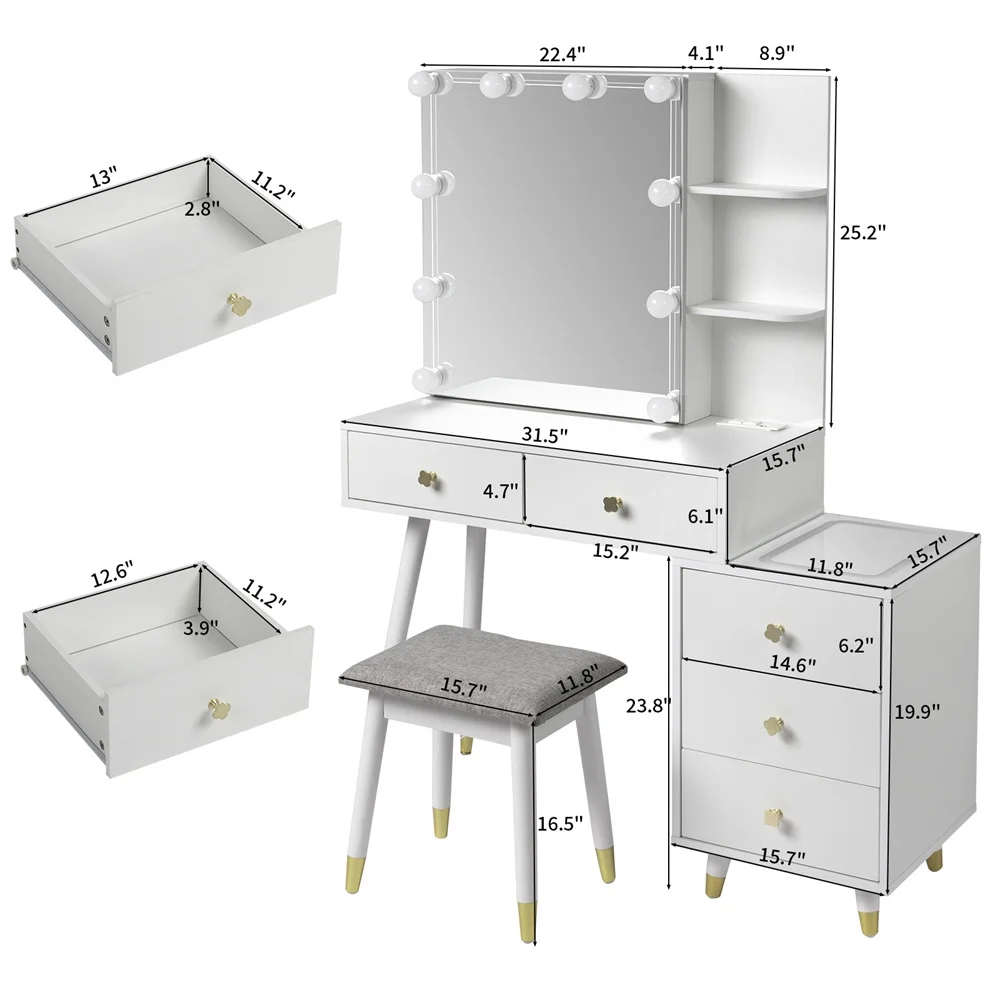 Tcbosik Makeup Vanity with LED Mirror & Charging Station, Vanity Desk with Ample Storage Space, Dressing Table with Shelves and 5 Drawers for Bedroom, White
