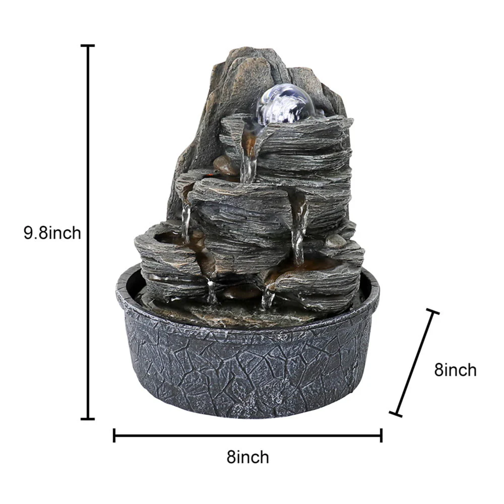 Indoor Water Fountain Tabletop with LED Light, Crystal Ball - 3 Step Zen Modern Portable Rock Waterfall Fountain for Office Desktop Decor