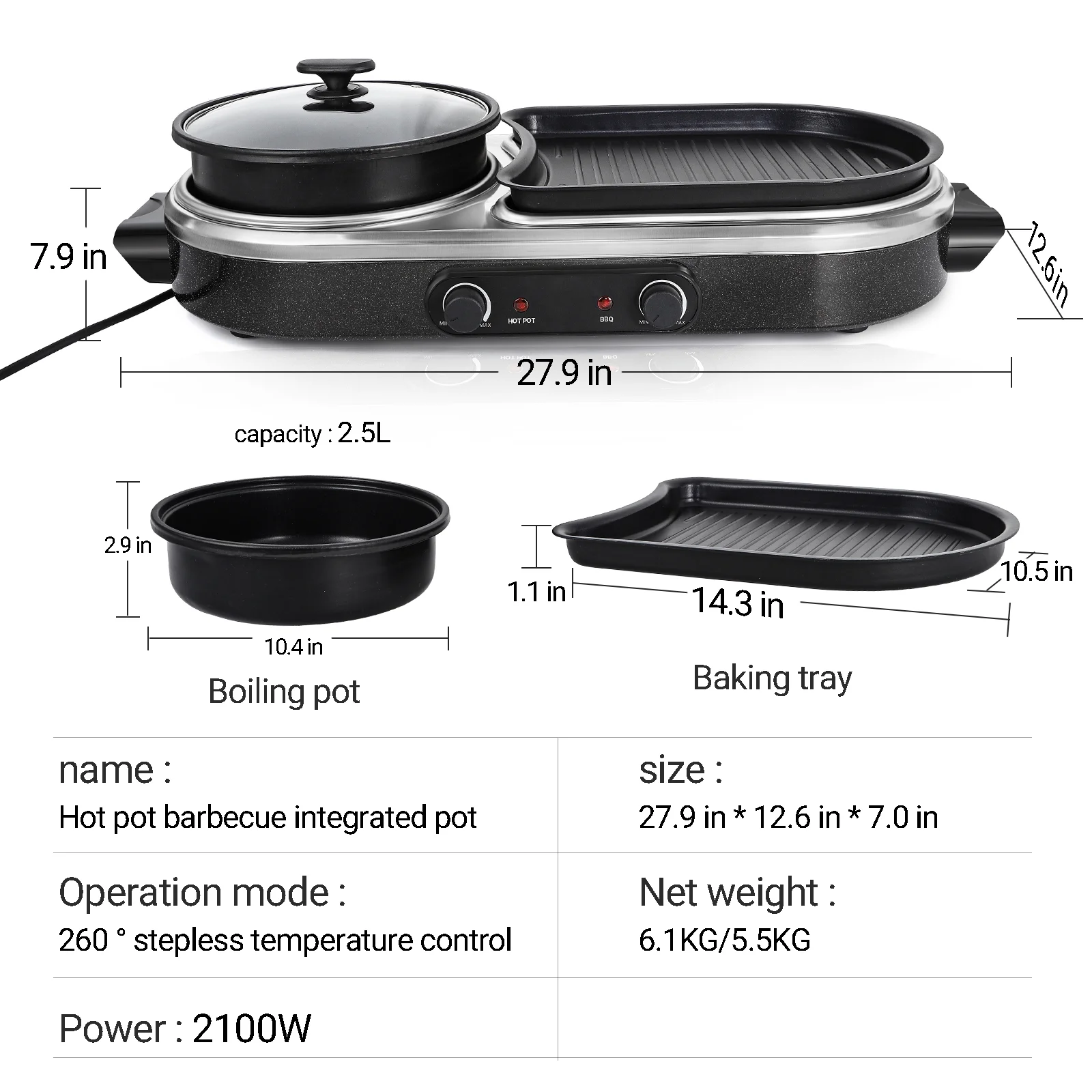 ZXMT 2 in 1 Electric Hot Pot with Grill Combo 2100W Indoor Griddle Dual Temperature Control Non-Stick Korean BBQ Shabu Pan