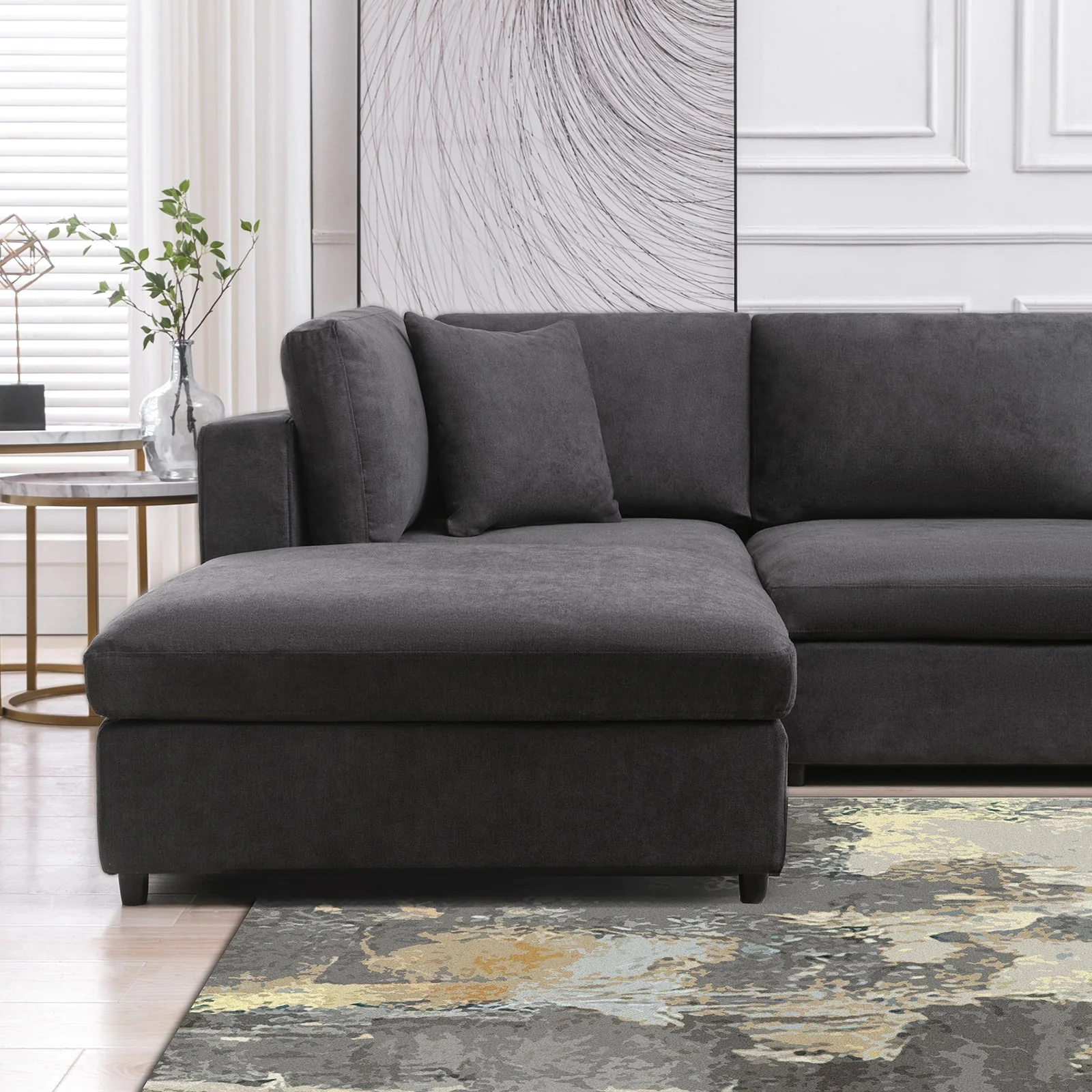 Mixoy Velvet U Shaped Sectional Sofa with Storage, 7 Seater Modular Sectional Sofa with Back Cushion ,Oversized Sleeper Sofa Couch Bed, Convertible Couches for Living Room ( Dark Grey）