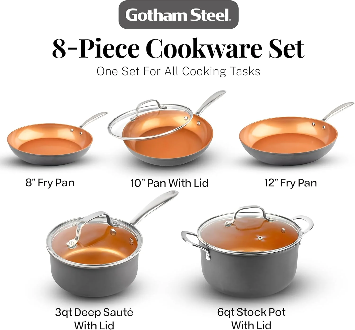 Gotham Steel Pro Nonstick Pots and Pans Set Non Stick 8 Piece Set Ceramic Cookware Kitchen Set, with Frying Skillet, Hard Anodized, Gray/Copper