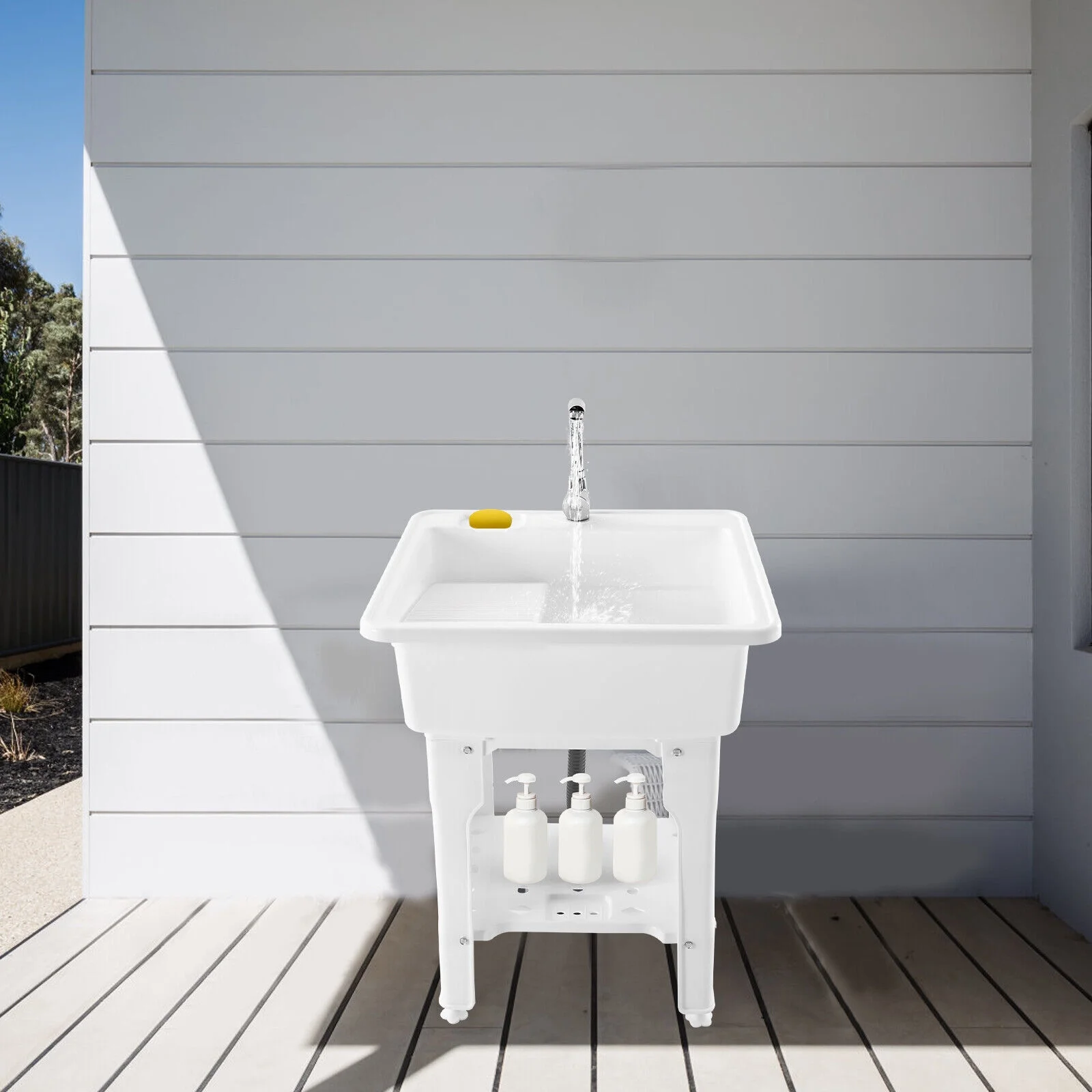 Freestanding Laundry Sink Plastic Basin Tub Utility Wash Bowl with Hot&Cold Faucet/Washboard for Sundry Rooms
