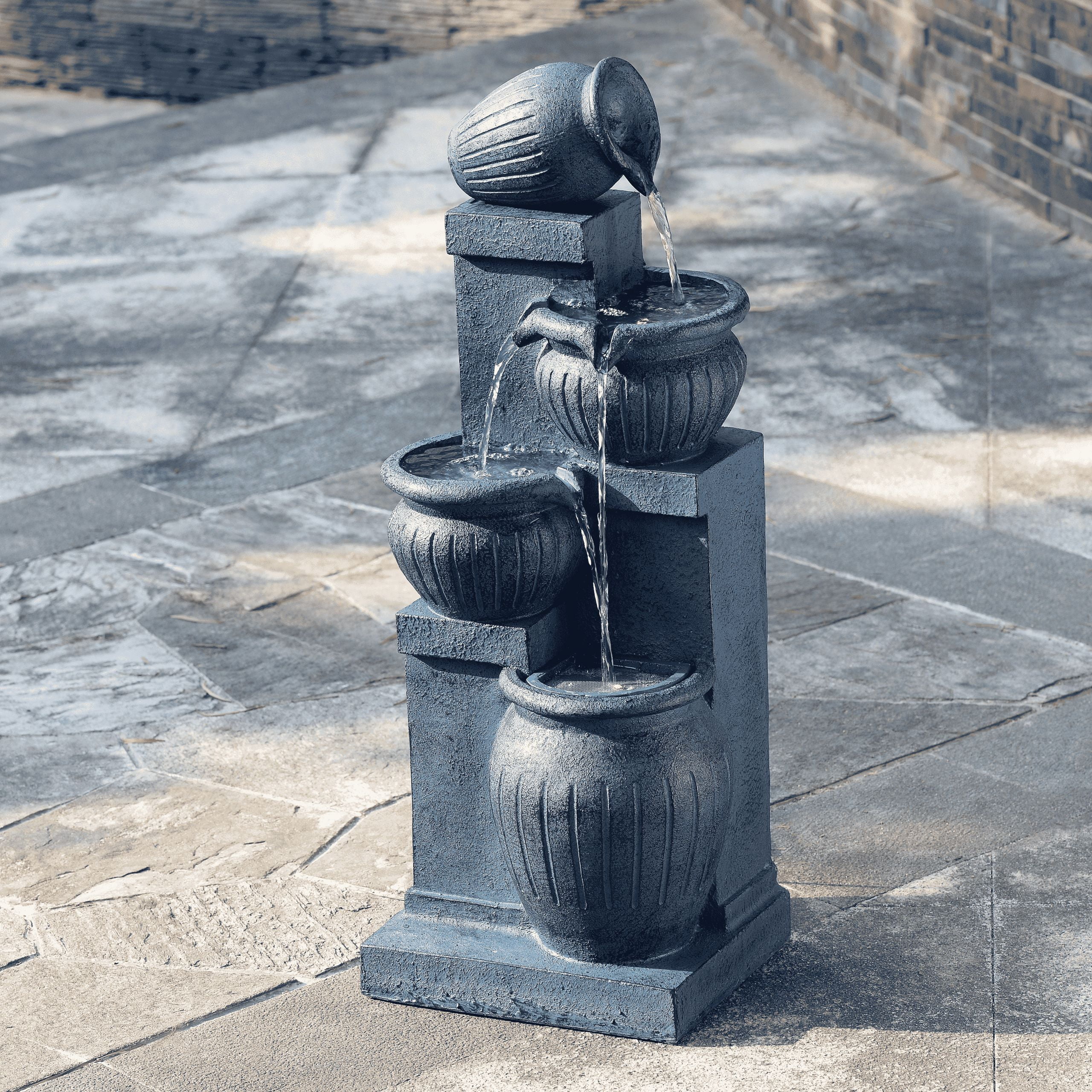 Teamson Home Outdoor Water Fountain with Lights�C 4-Tier Cascading Bowl Design with LED Light & Solar Pump, Solar-Powered Water Fountain Outdoor Garden, Yard, or Patio D��cor, Navy Blue