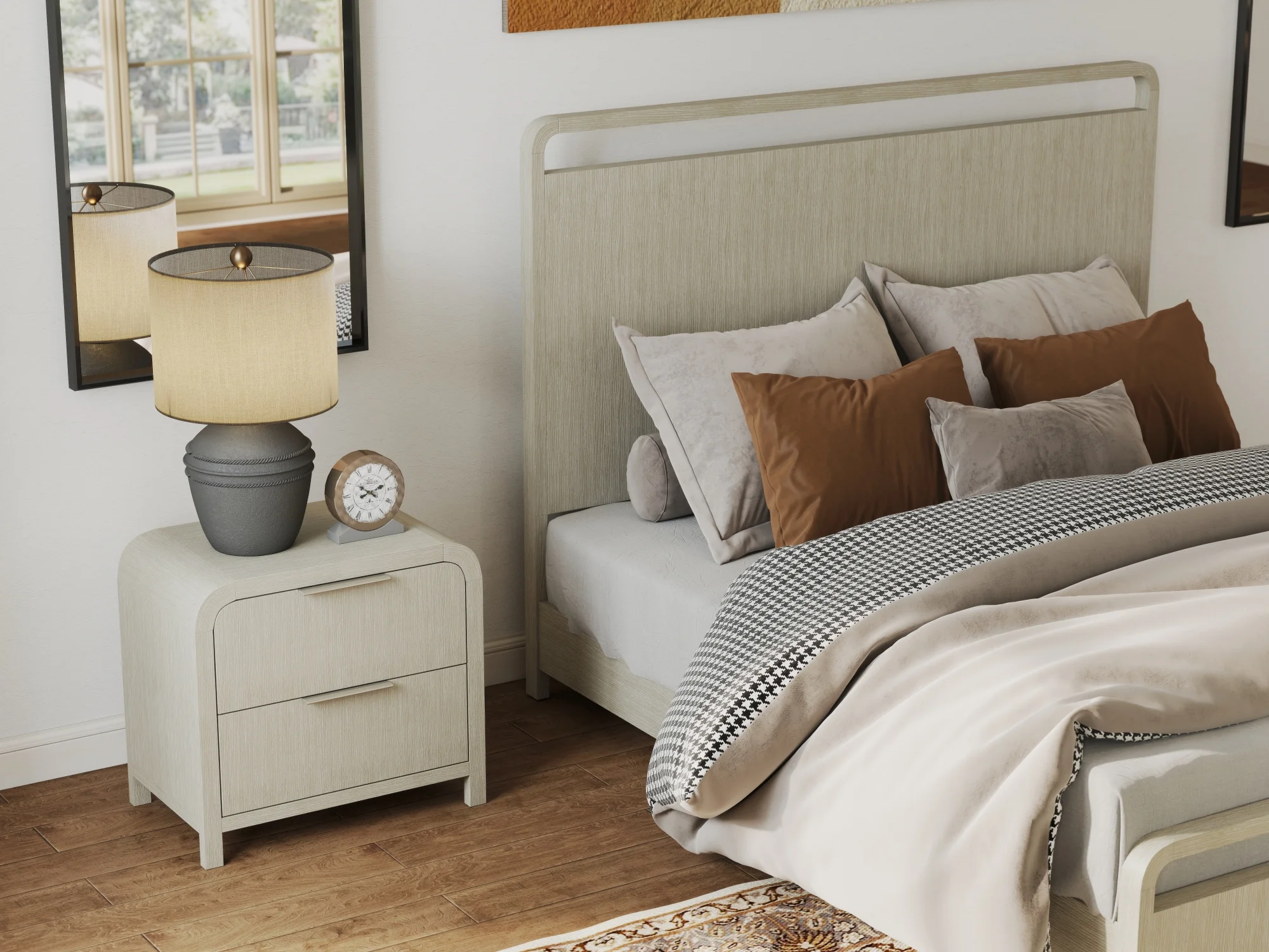 Roundhill Furniture Tavari 6-Piece Bedroom Set with Panel Bed, Dresser, Mirror, Two Nightstands, and Chest in Light Gray, King Size