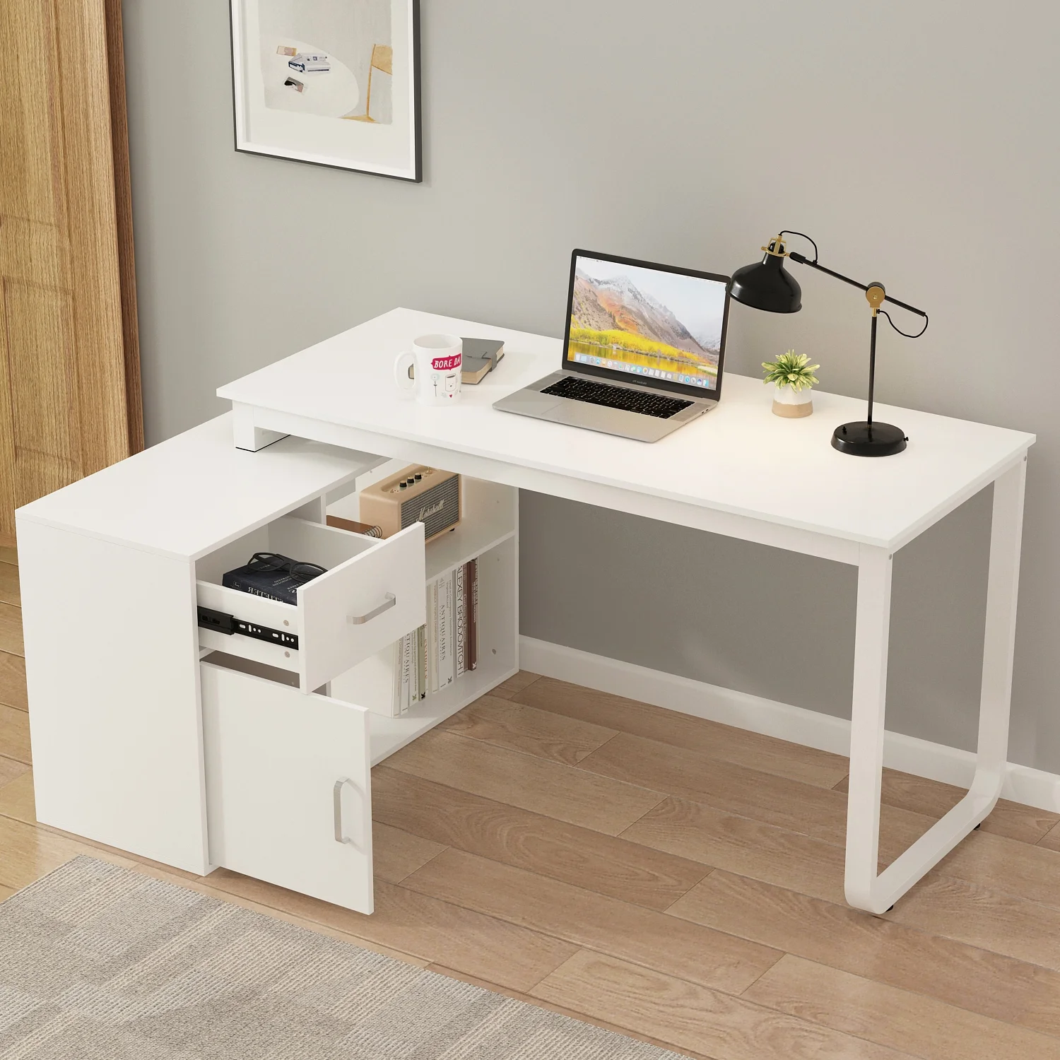 OXYLIFE 55 Inch Reversible Home Office Desk, Wood L-Shaped Corner Desk, Writing Workstation with Drawer, Shelves and File Cabinet, White