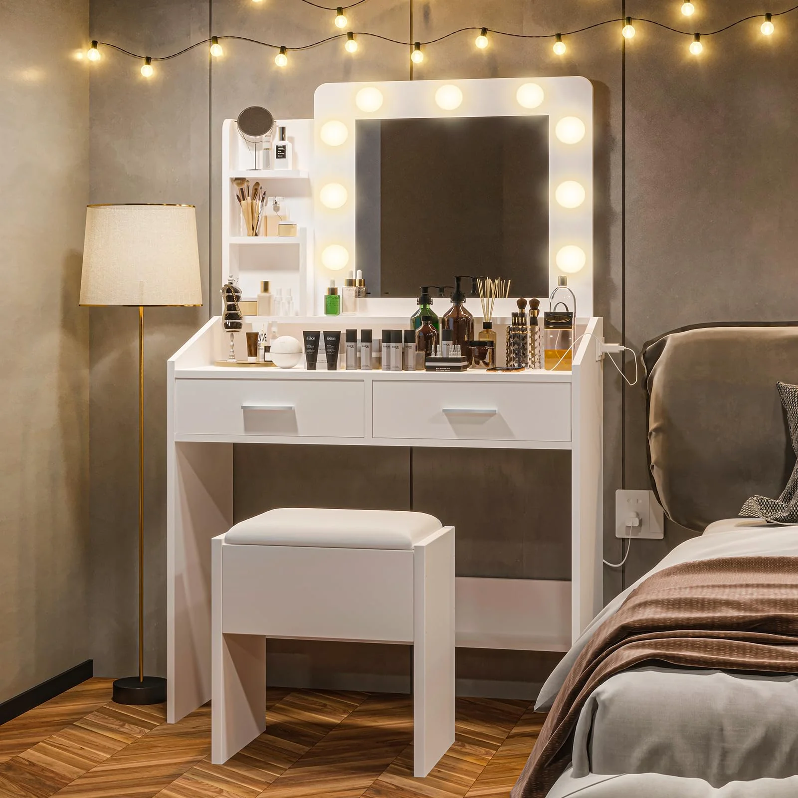 Yeshouse Vanity Desk with Mirror and Lights, White Makeup Vanity with 2 Drawers, 3 Light Mode and Brightness Adjusted, Makeup Table for Bedroom, Desk and Chair