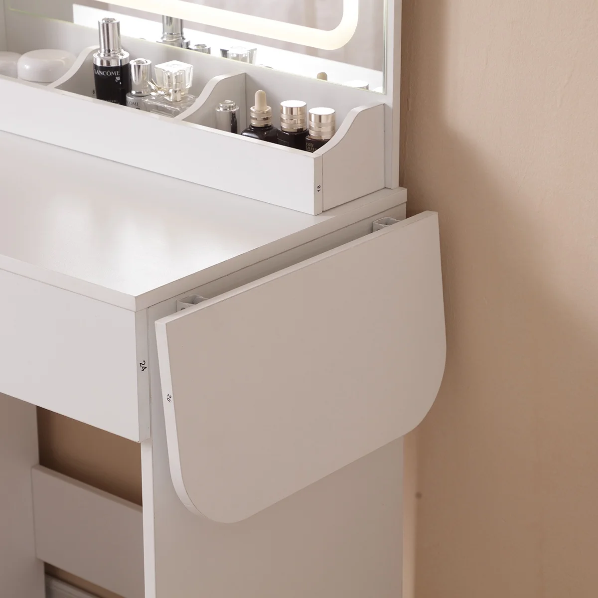 PORKISS Makeup Vanity Desk with Mirror & Lights, Vanity Table Set with Power Outlet & Hair Dryer Rack, Modern Dressing Table for Bedroom with 2 Drawers, Storage Cabinet and Storage Stool, White