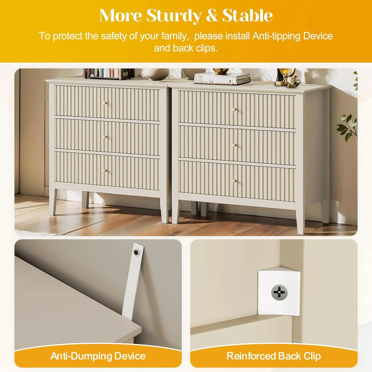 May Color Large White 3 Drawer Dresser Set of 2 with Fluted Panel, Modern Chest of Drawers with Silent Slide Drawers, Wood Accent Nightstand with Storage for Bedroom Living Room, Hallway