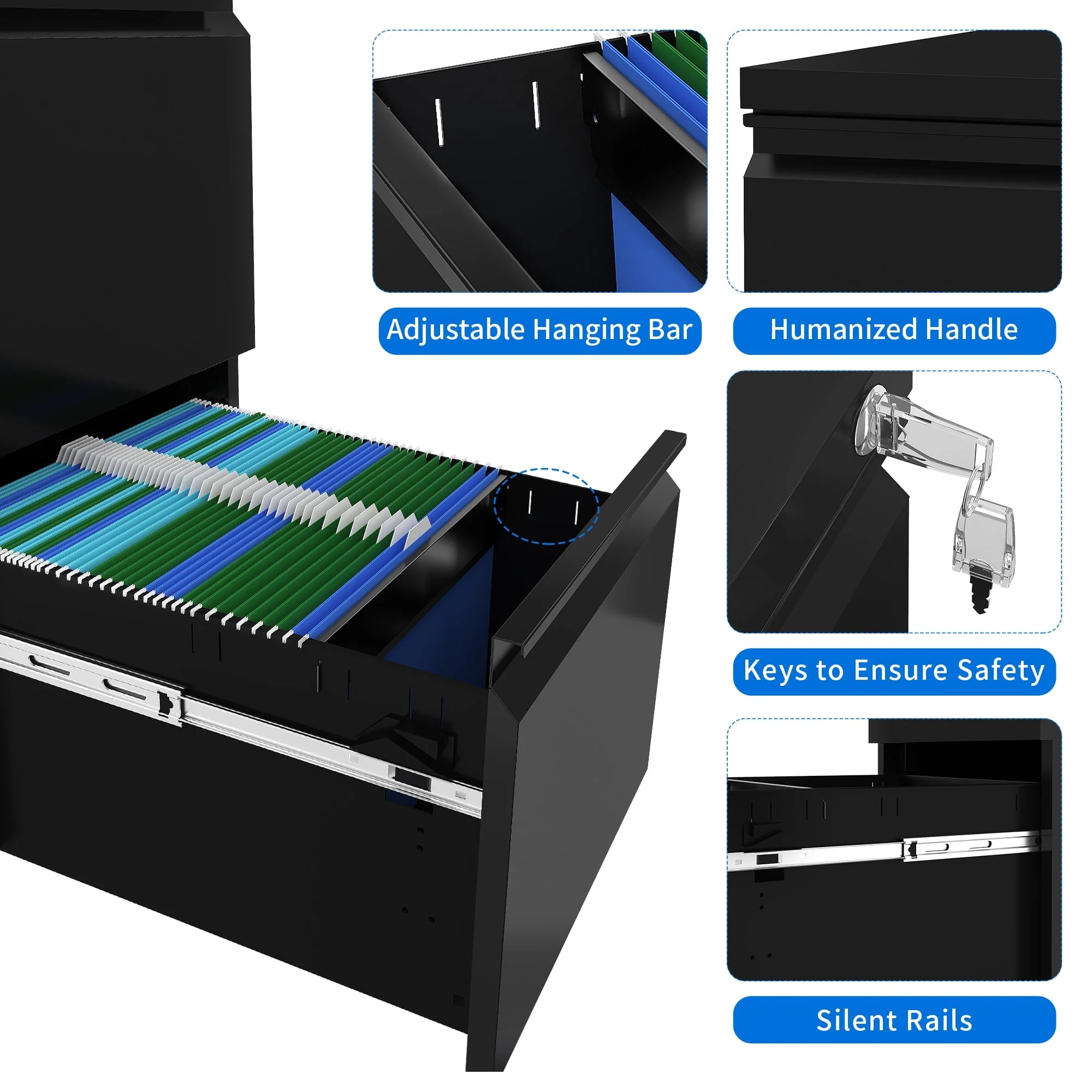 Dextrus 2-Drawer File Cabinet with Lock Rolling Office Filing Organizer for A4/Letter/Legal, Black