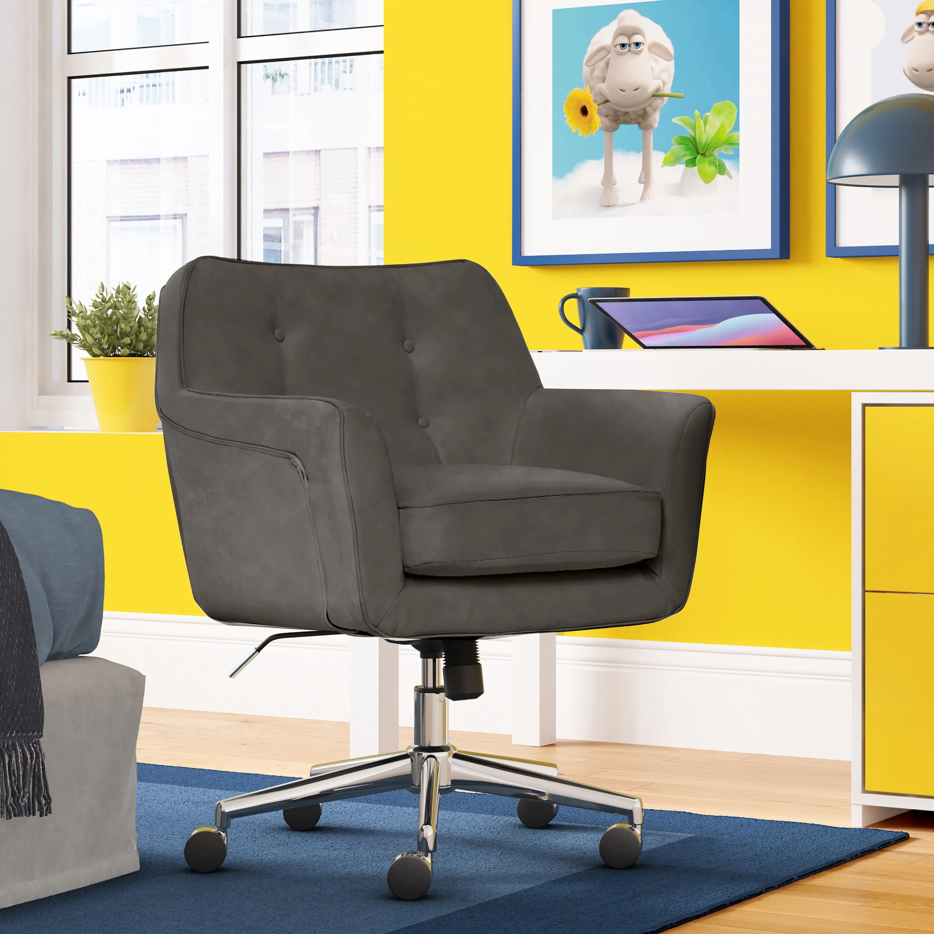 Serta Ashland Office Desk Chair, Button Tufted Mid-Back, Memory Foam Cushion, Chrome Swivel Base, Charcoal