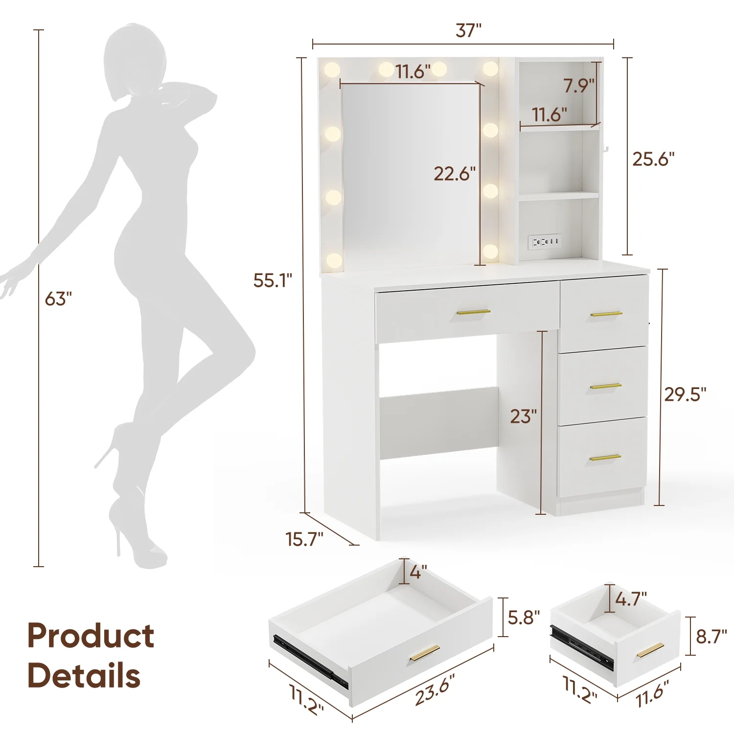 eChamp Makeup Vanity Desk with 3 Color Light & Mirror, Vanity Table with 4 Drawers, Storage Shelf, Power Outlet, Adjustable Brightness Dressing Table, White