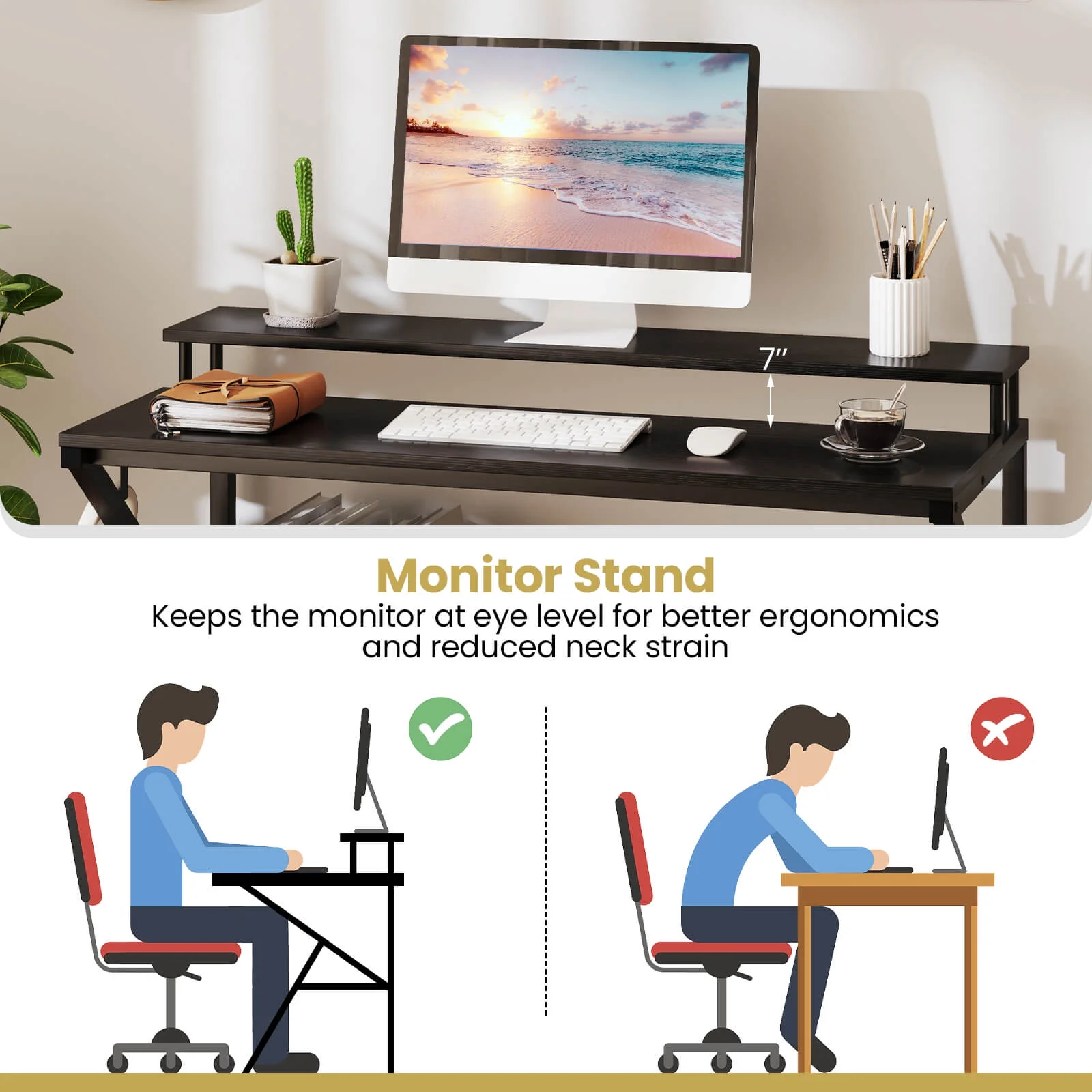 Costway Home Office Desk with Monitor Stand, Open Shelf & Metal Frame, Earphone Hook White