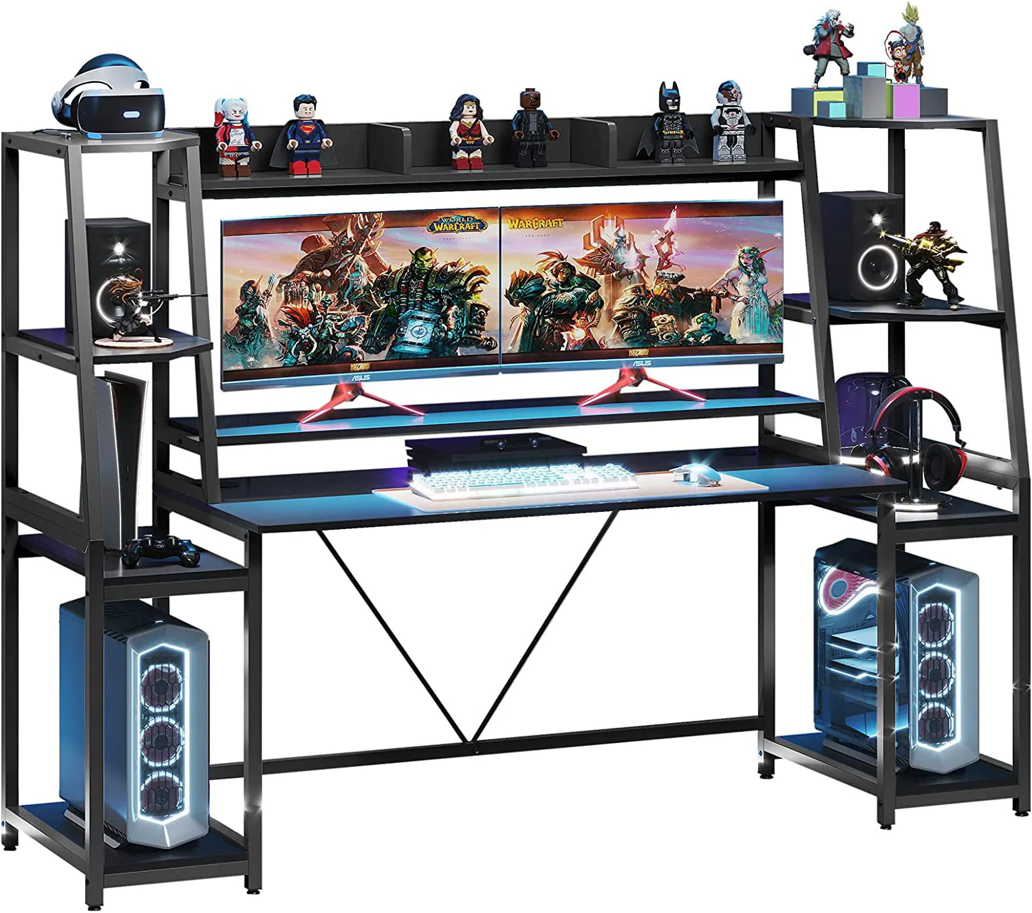 78.8inch Gaming Desk with LED Lights, Hutch and Storage Shelves, Ergonomic Computer Desk with Monitor Stand, Black
