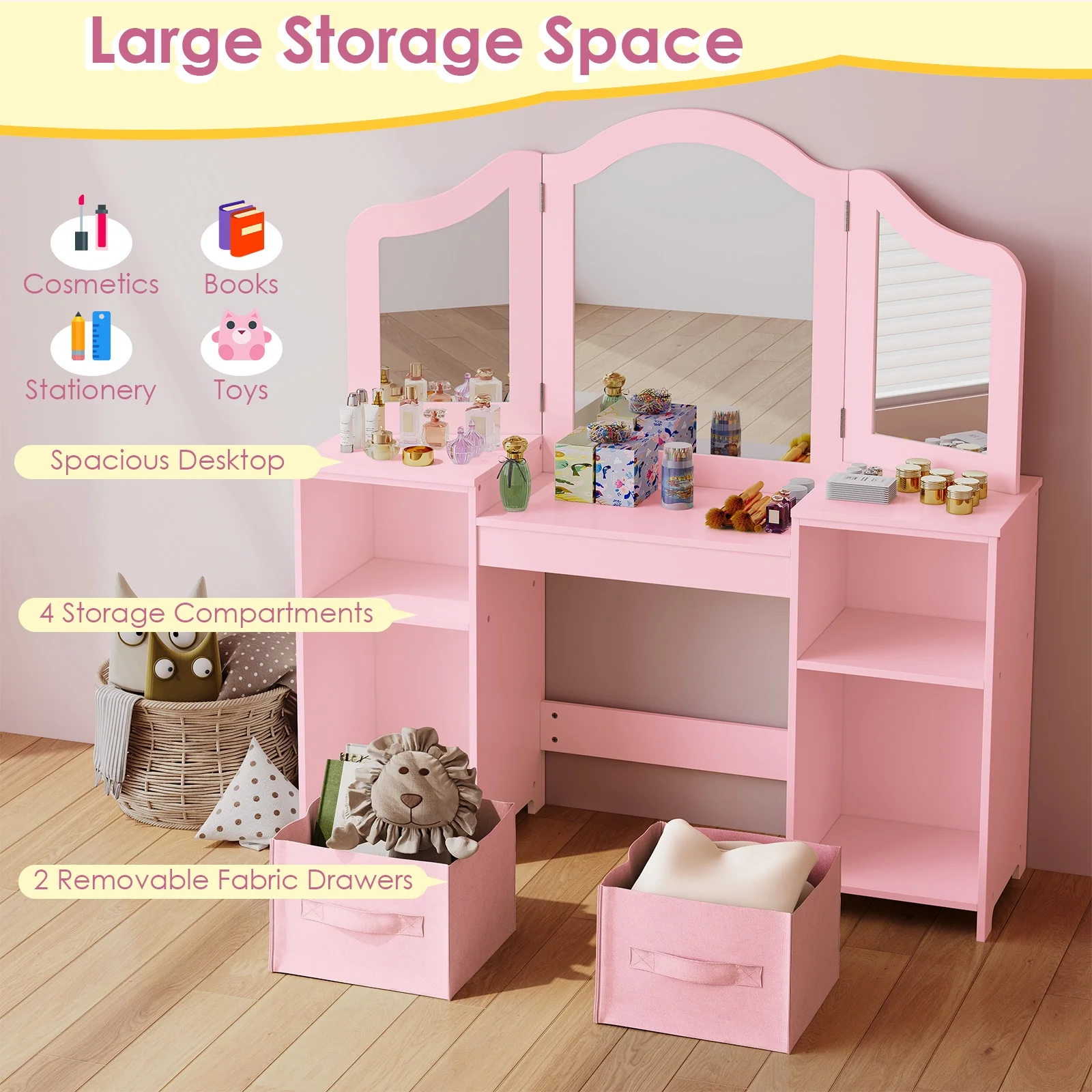 Arlopu Kids Vanity Set with Stool, Wooden Makeup Vanity Desk Children Dressing Table with Chair, Tri-Folding Mirror, Storage Cabinet & Drawers