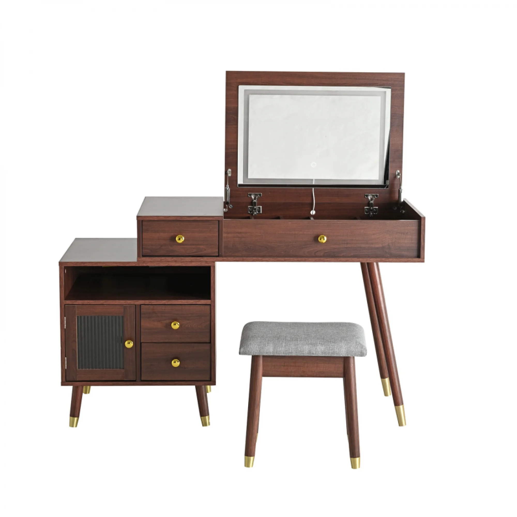 3-in-1 Vanity Desk with Lighted Flip-Top Mirror & Adjustable Cabinet, Makeup Dressing Table with Stool, Dresser with Drawers for Bedroom, White