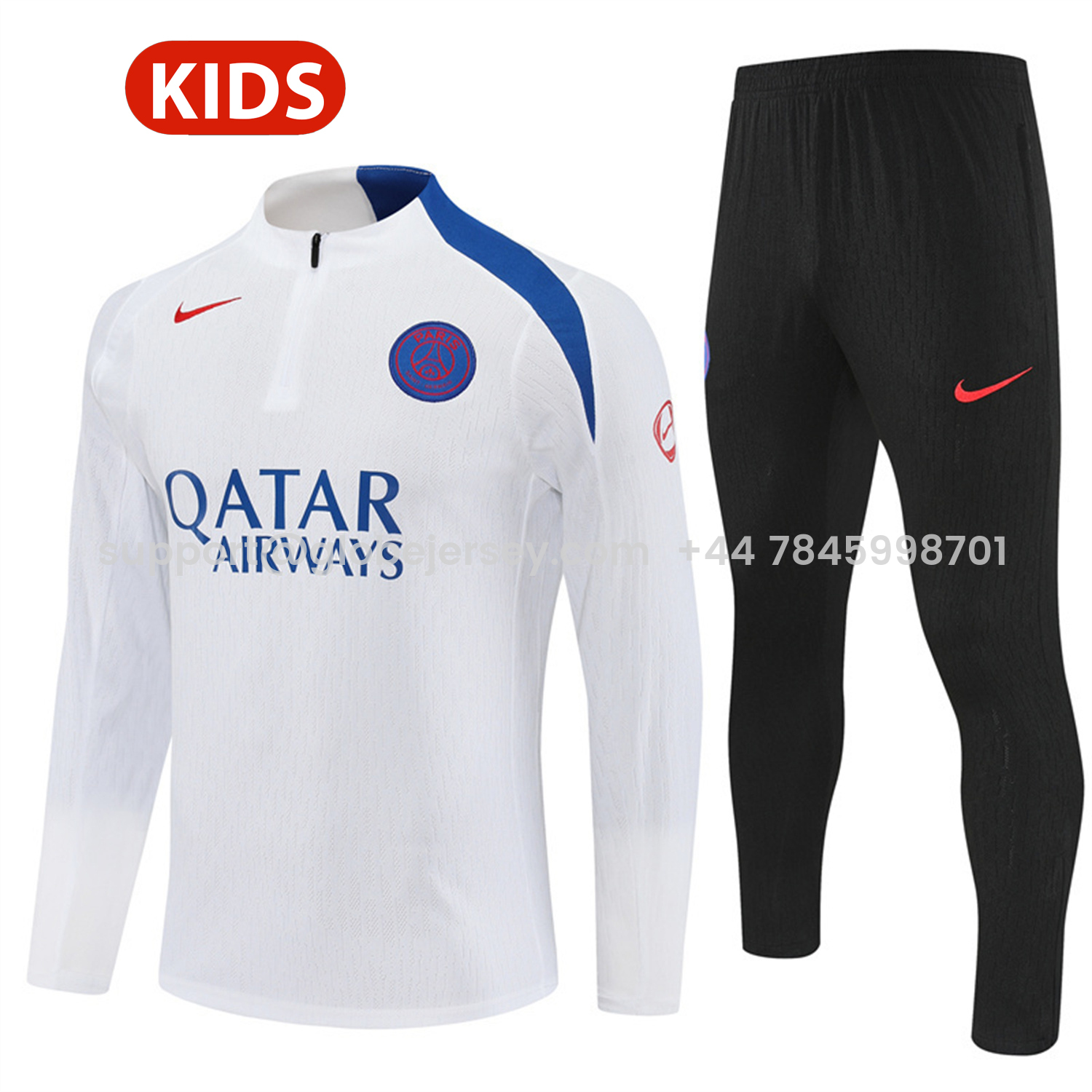 Paris Saint-Germain PSG 25-26 Kids Long Sleeve Training Set - Player Version - White Top and Black Pants